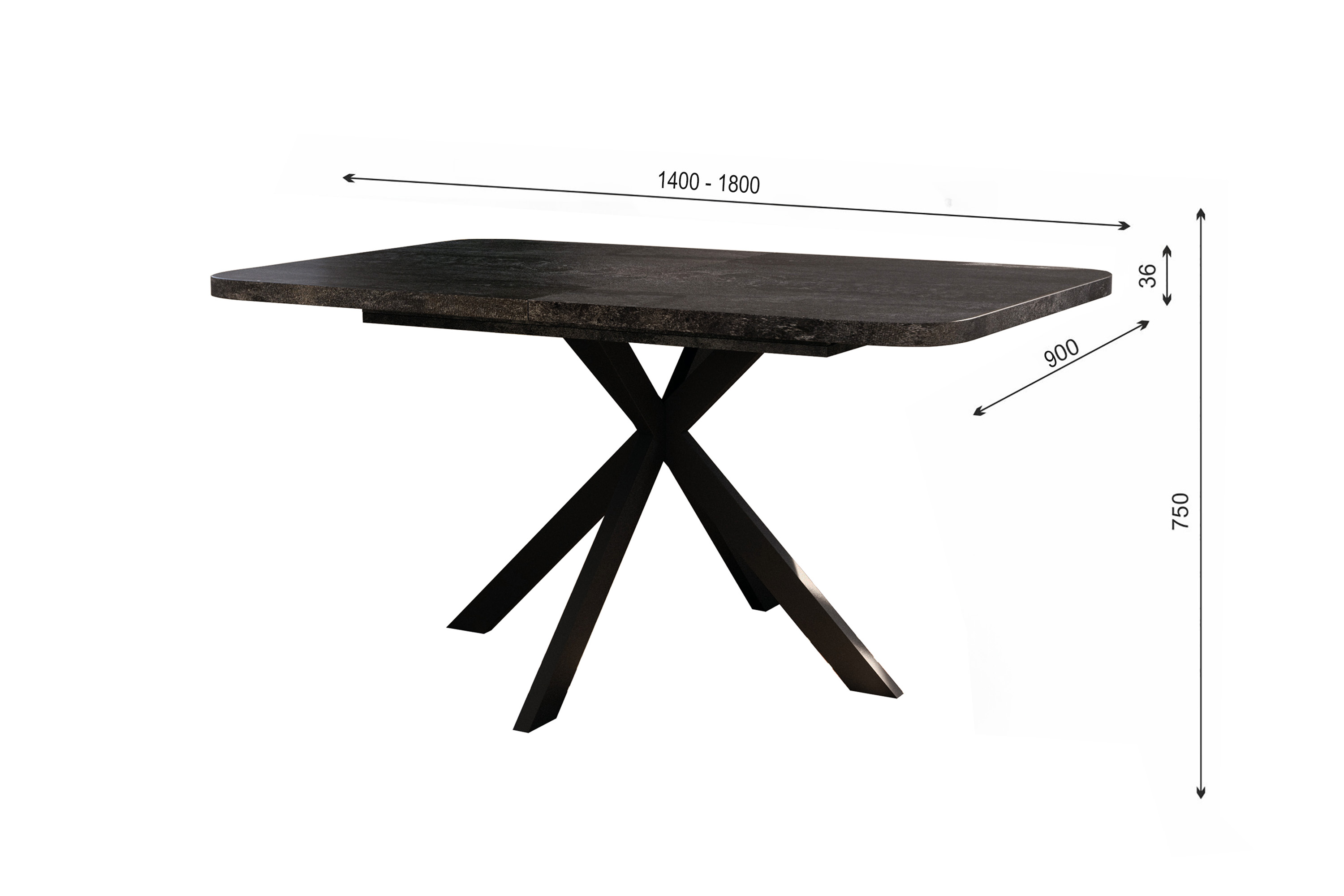 Esstisch Craft 140-180 cm, Holzkohle Optik mit Schwarzen Metall Füßen