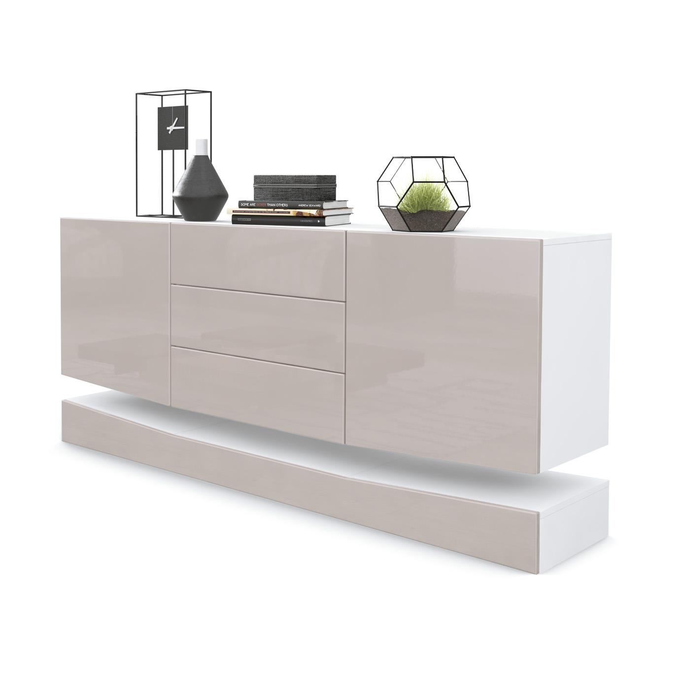 Sideboard City  mit 2 Türen und 3 Schubladen Weiß matt/Sandgrau Hochglanz (178 x 72 x 38 cm)