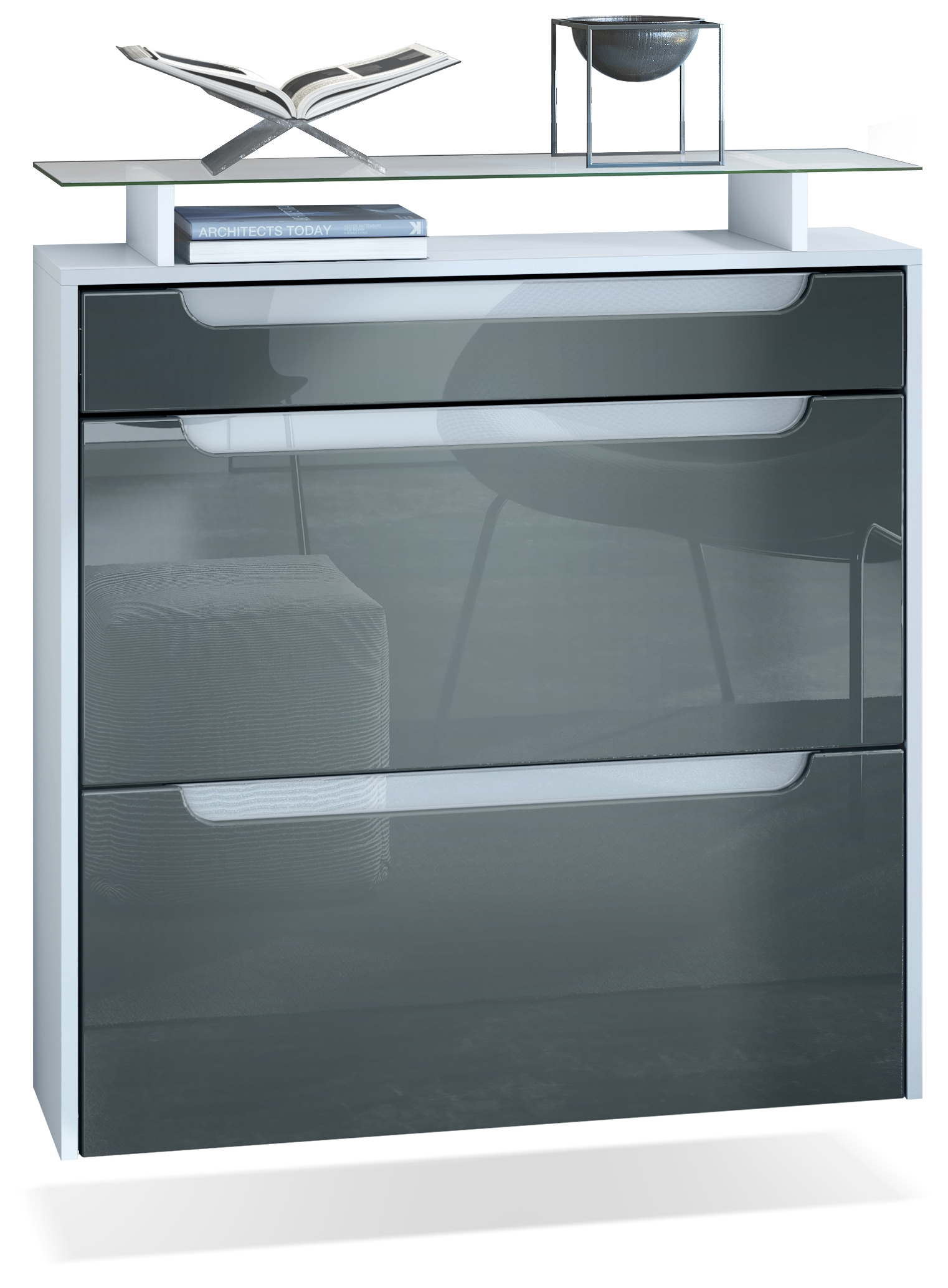 Schuhschrank Annie mit 2 Klappen, 1 Schublade und Glasablage Weiß matt/Grau Hochglanz, Griffmulden in Weiß Hochglanz (89x96x23 cm)