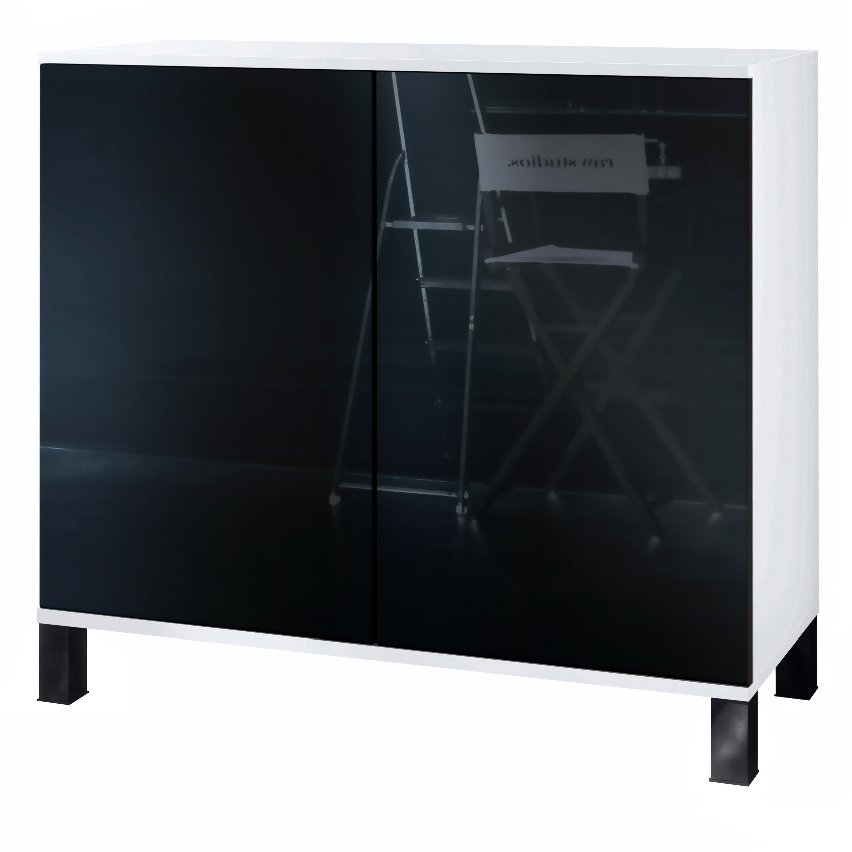 Skadu V3 Kommode Weiß mit 2 großen Türen Weiß matt / Schwarz Hochglanz (92,5 x 84.5 x 35)