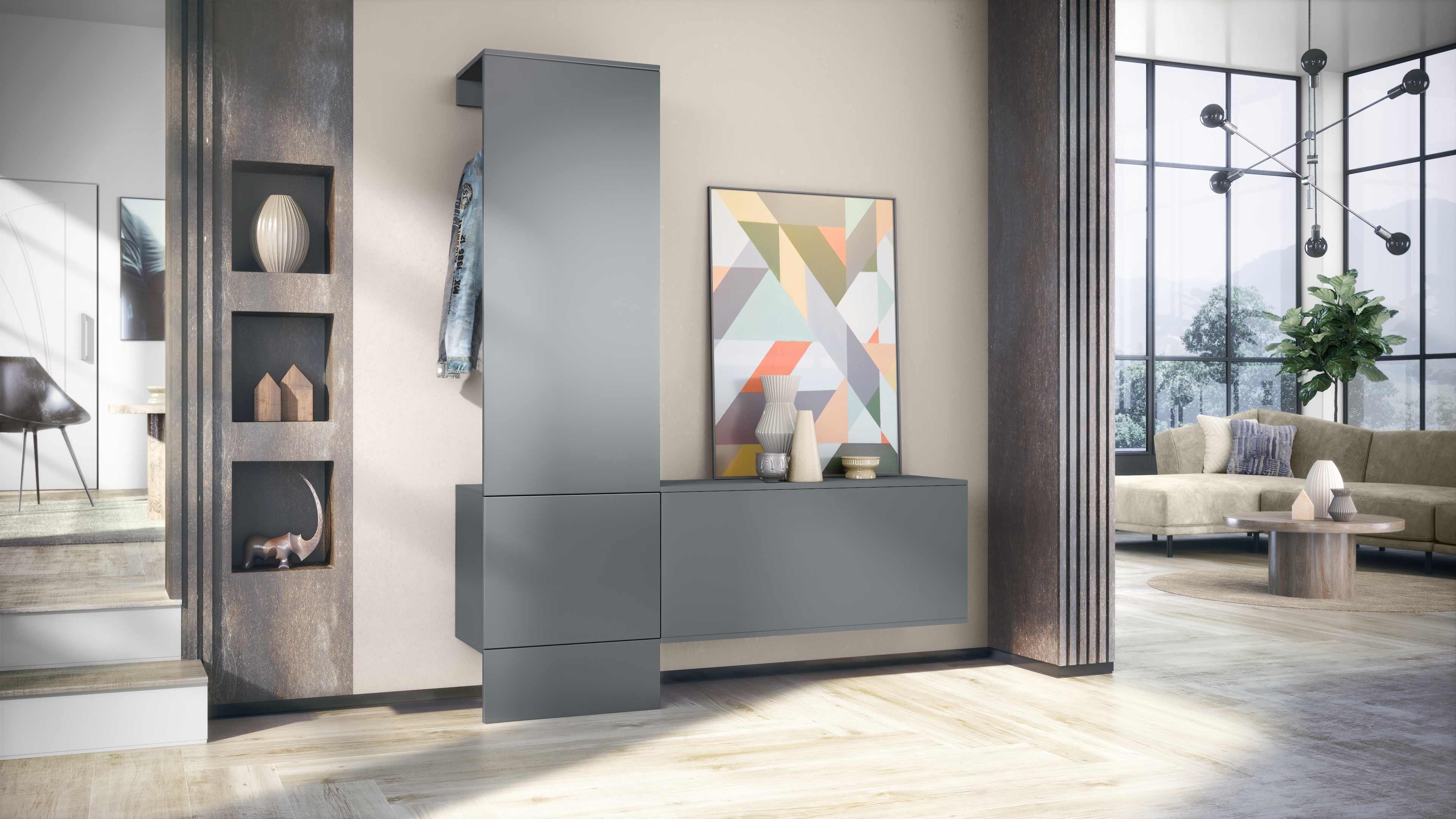 Garderobe Carlton Set 4 Anthrazit 3-tlg. 1 Paneel und 1 Schrankmodul Anthrazit matt/Graphit seidenmatt (156,5 x 193 x 35 cm)