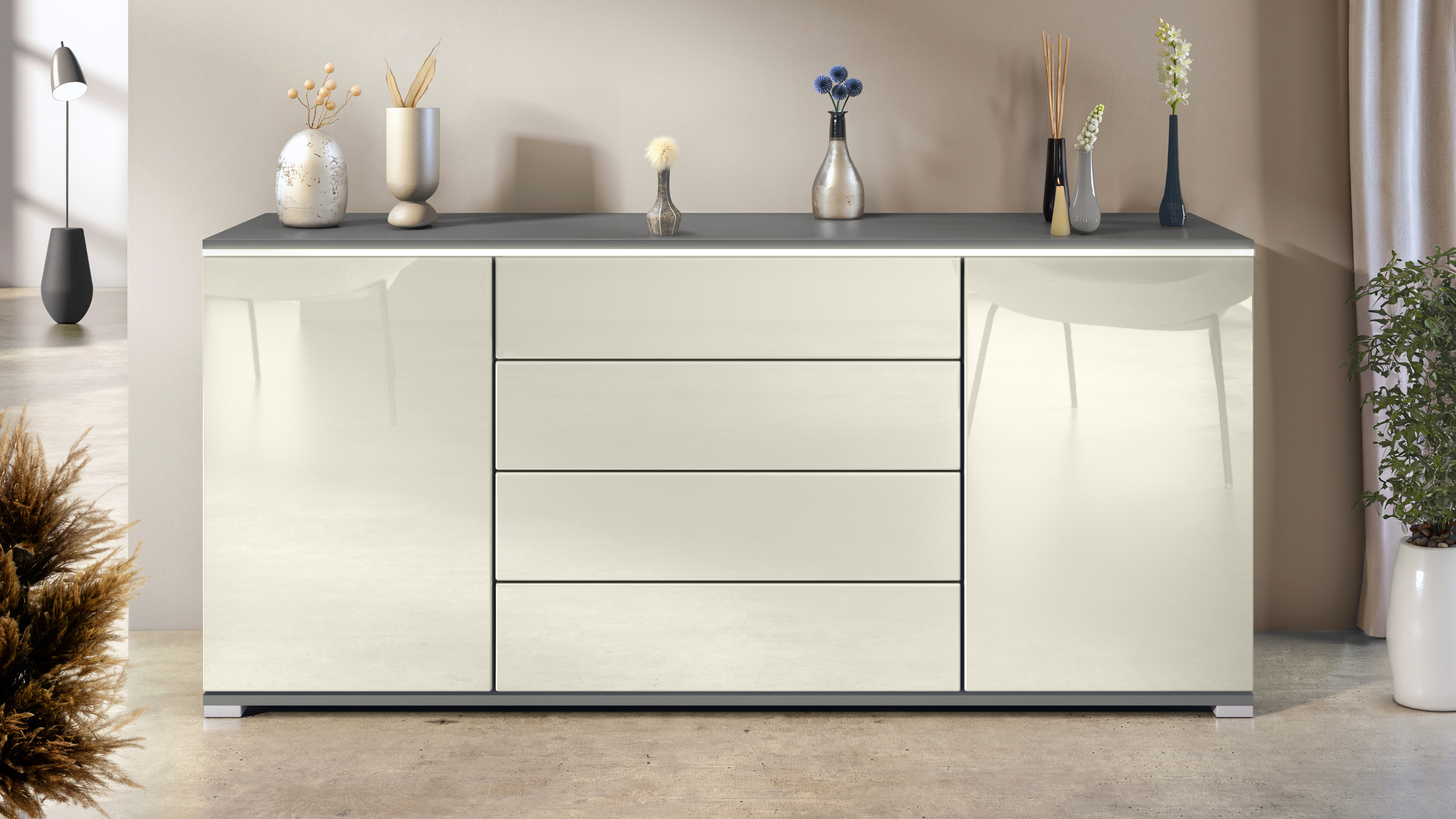 Sideboard Faro V2 Anthrazit Schrank mit LED Lichtleiste Anthrazit matt / Creme Hochglanz (166,5 x 75,5 x 35)