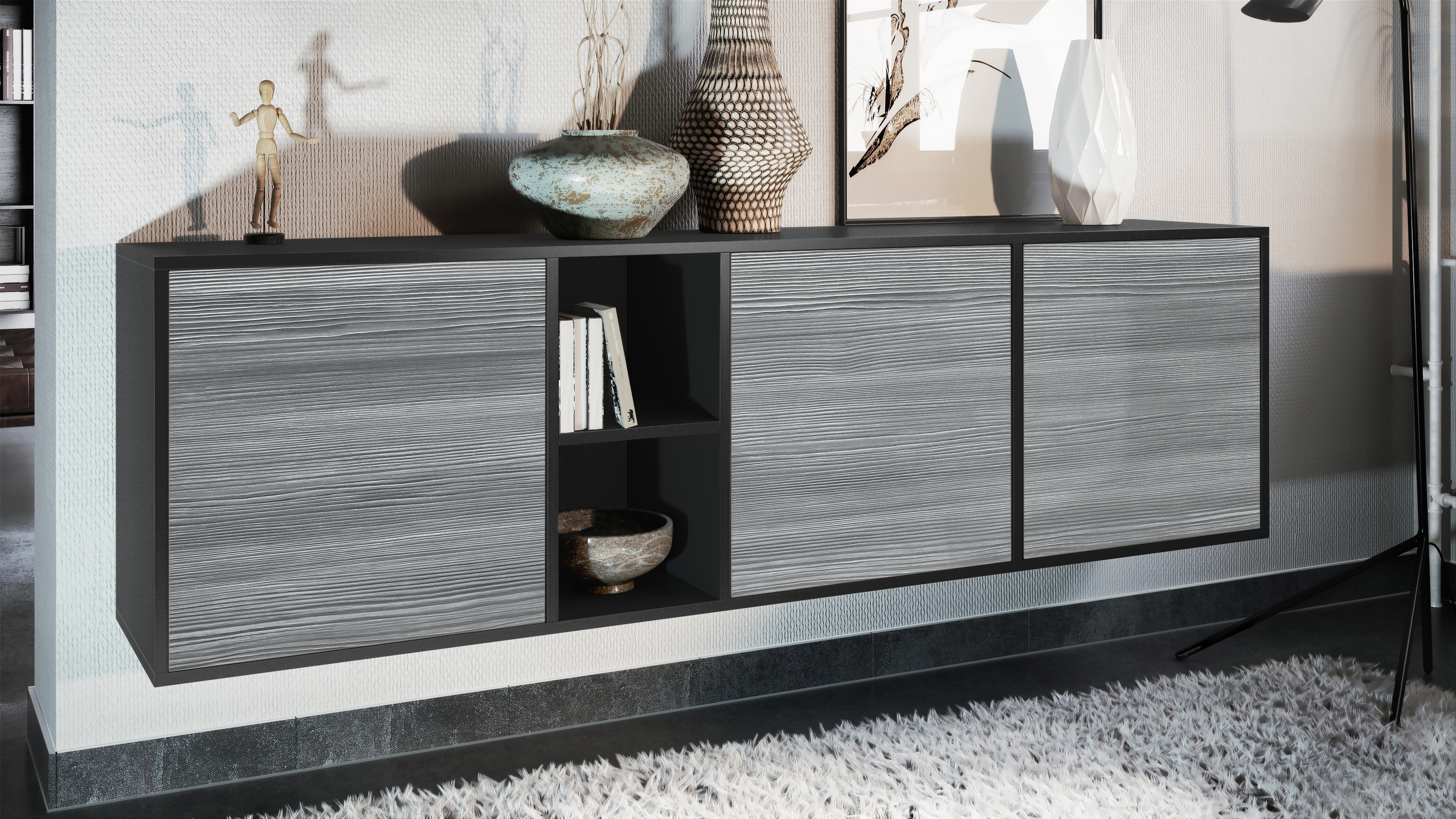 Sideboard Cuba  mit 3 Türen und 2 offene Fächer Schwarz matt/Avola-Anthrazit (182 x 53 x 35 cm)