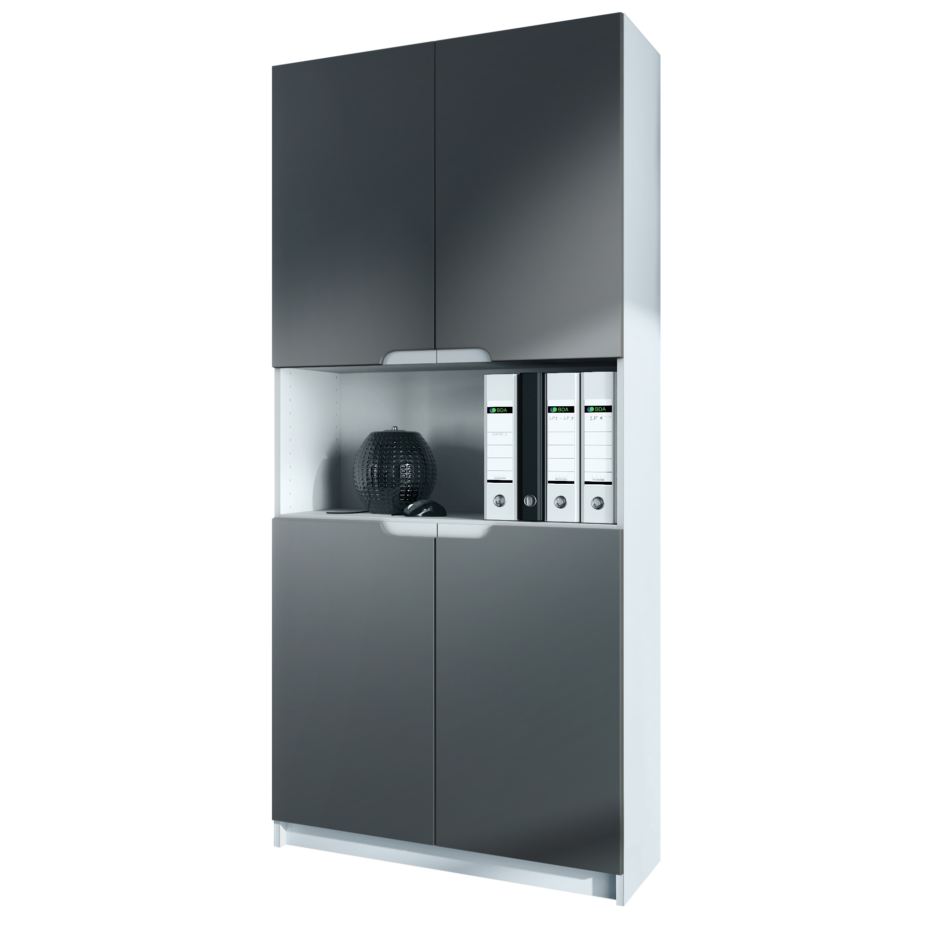 Büroschrank Logan V2  mit 5 Fächern und 4 Türen Weiß matt/Graphit Seidenmatt (82 x 184 x 37 cm)