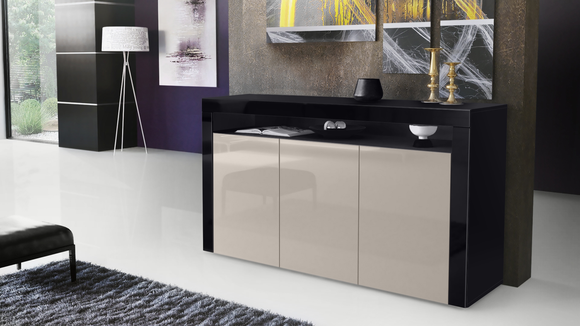Sideboard Valencia mit 3 Türen und 1 offenem Fach Schwarz matt/Sandgrau Hochglanz/Schwarz Hochglanz (155 x 92 x 40 cm)