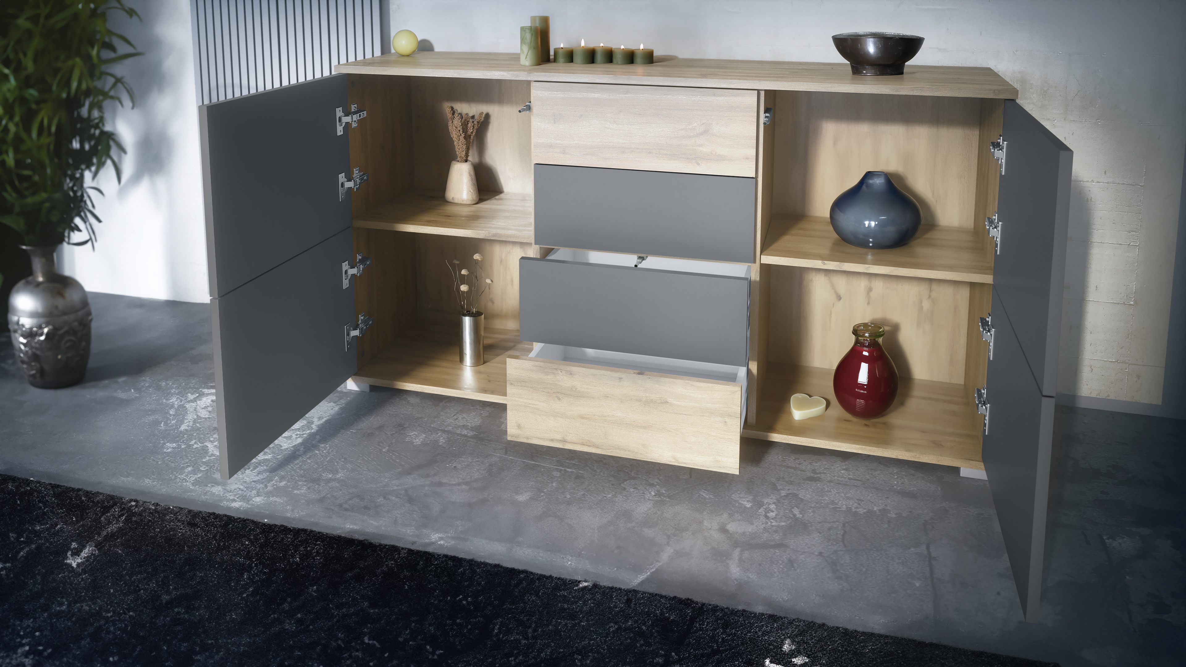 Sideboard Rova V1 4 Schubladen, Made in Germany, Eiche Evoke/Grau Hochglanz (138,5 x 75,5 x 35)