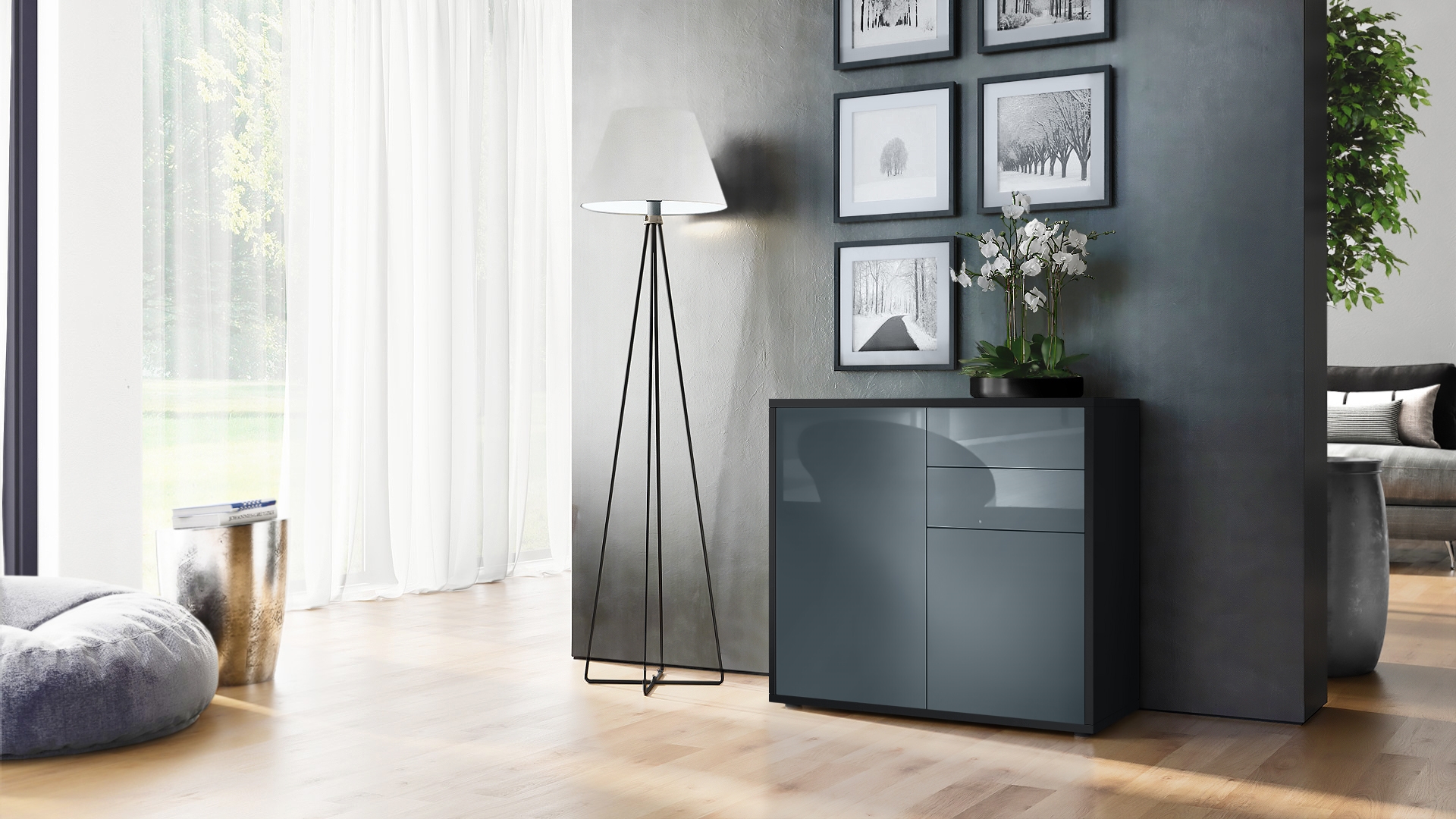 Kommode Ben  mit 2 Türen und 2 Schubladen Schwarz matt/Grau Hochglanz (79 x 74 x 36 cm)
