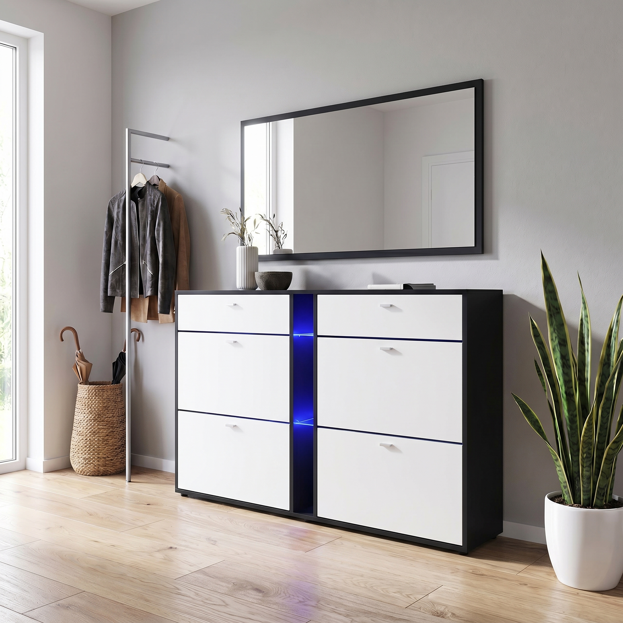 Today Schuhschrank 2 Schubladen und 3 offene Fächer inkl. Beleuchtung | Fronten in Weiß matt | mit blauer LED Beleuchtung | mit blauer LED Beleuchtung