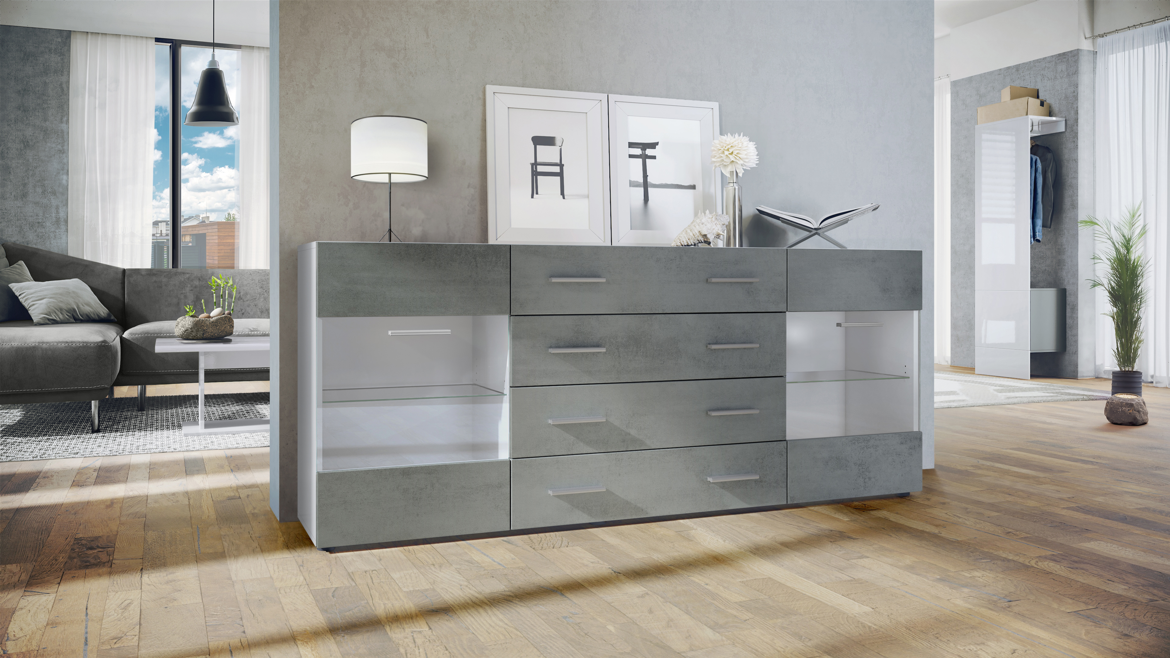 Sideboard Bari V2 4 Schubladen und 2 flexible Glaseinlegeböden Weiß matt/Beton Dunkel Optik (166 x 72 x 35)