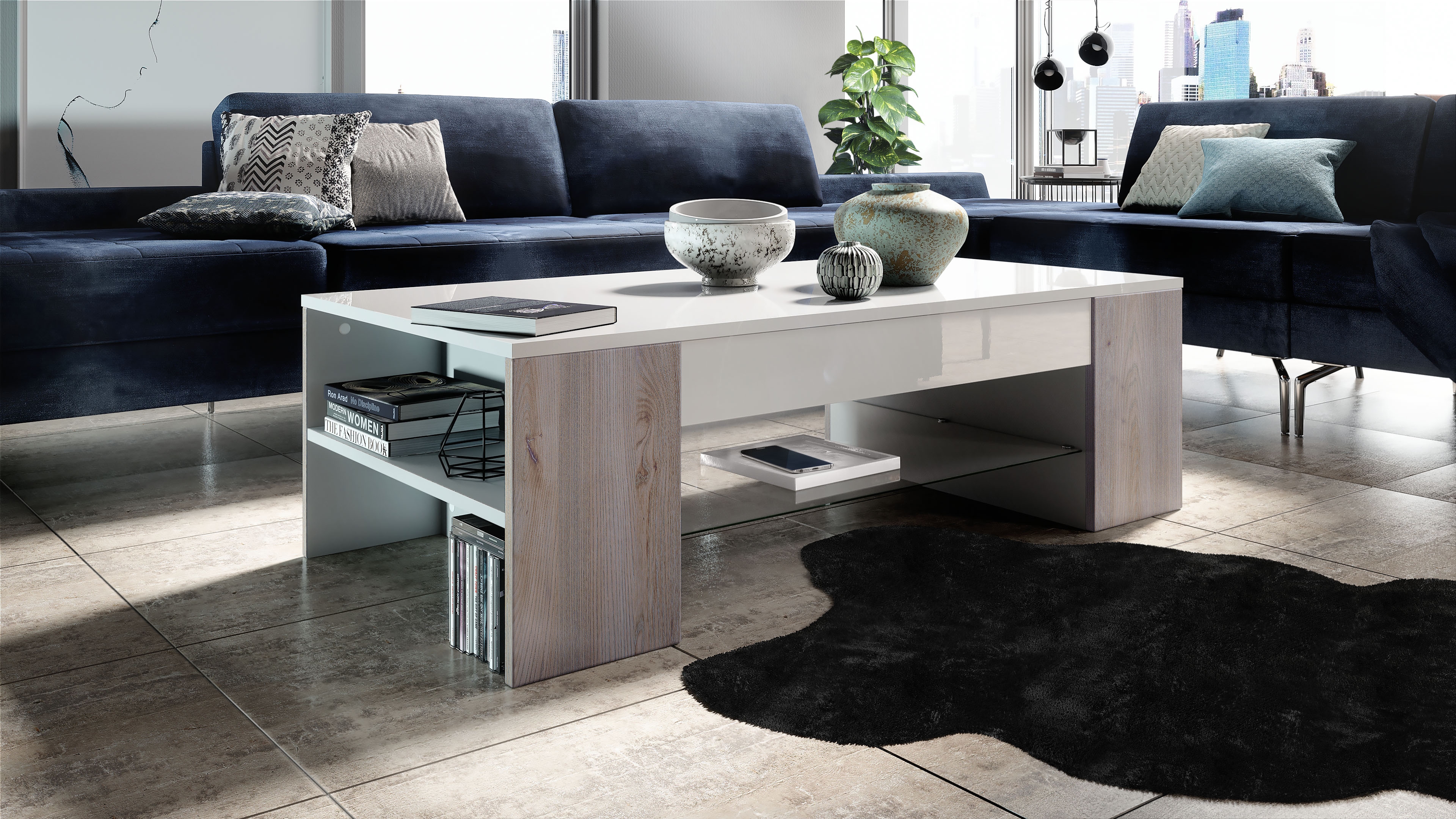 Tisch Clip  mit 2 Seitenfächern und 1 Glasplatte Weiß matt/ Eiche Nordic (118 x 37 x 60 cm)