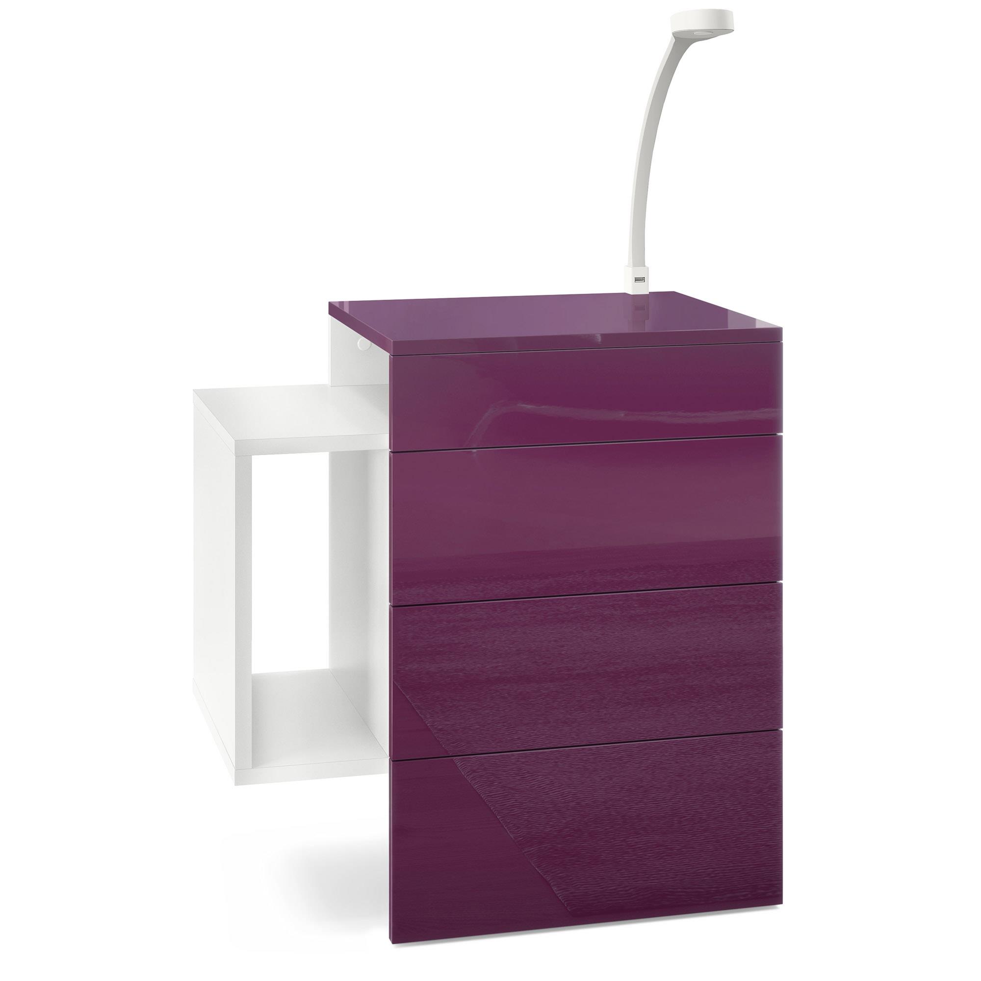 Nachttisch Queens und 1 seitlichem Fach zur Wandmontage Weiß matt/Brombeer Hochglanz inkl. LED Flexi Lampe (60 x 63 x 36 cm)