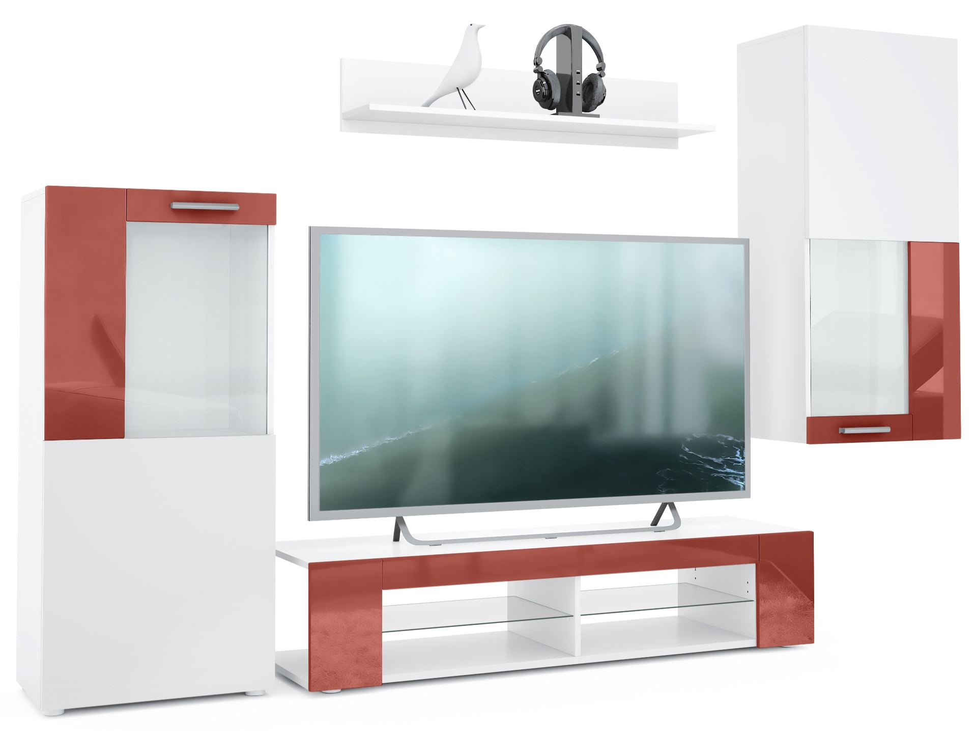 Wohnwand Movie 4-tlg. Weiß   bestehend aus 1 TV-Board, 2 Vitrinen und 1 Regal Weiß matt/Weiß matt/Bordeaux Hochglanz (Gesamt: 300 x 190 x 39 cm)