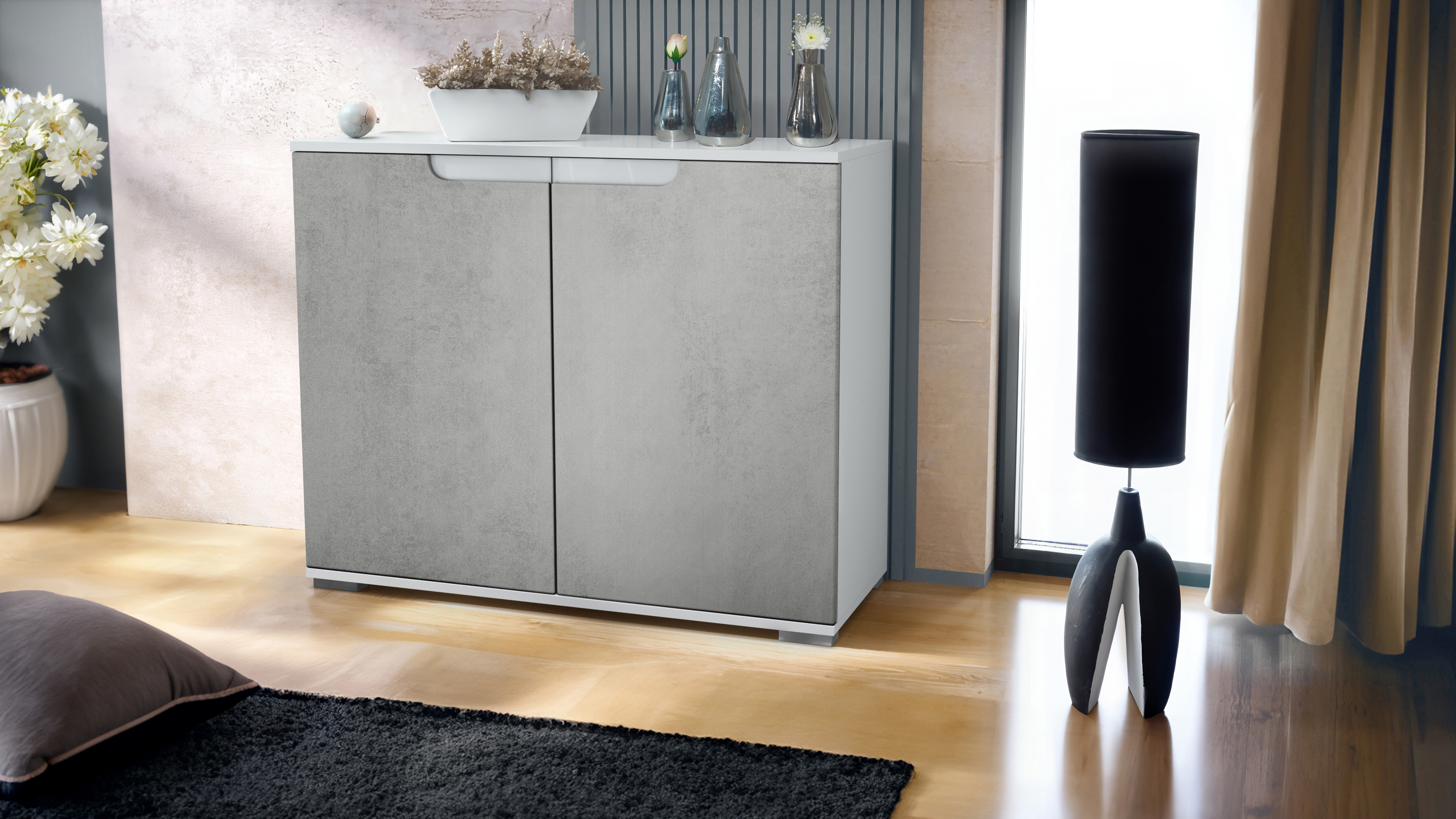Sylt V3 Kommode Weiß mit 2 großen Türen Weiß matt / Beton Oxid Optik (92,5 x 75.5 x 35)