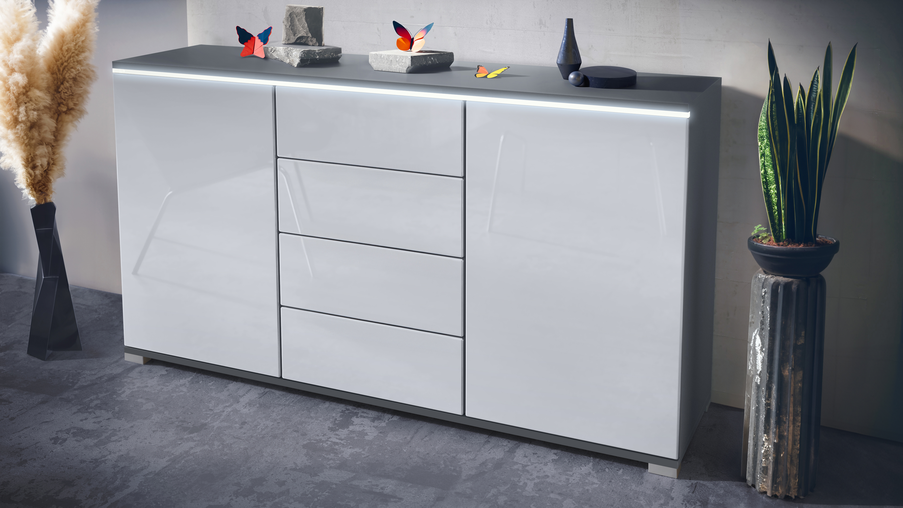 Sideboard Faro V1 Anthrazit Schrank mit LED Lichtleiste Anthrazit matt / Weiß Hochglanz (138,5 x 75,5 x 35)