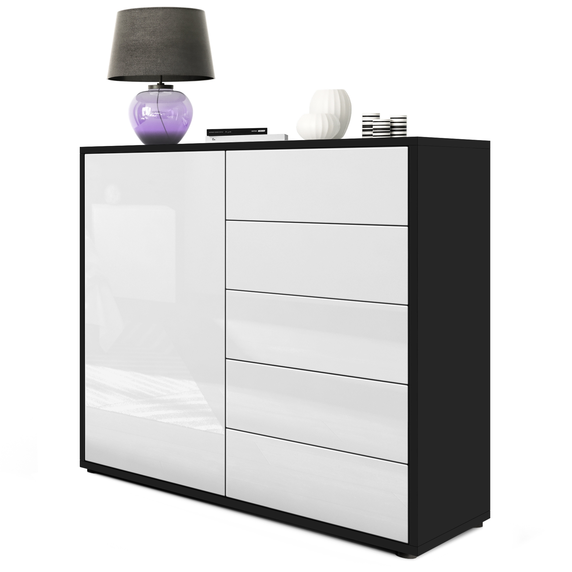 Kommode Ben V2  mit 1 Tür und 5 Schubladen Schwarz matt/Weiß Hochglanz (79 x 74 x 36 cm)