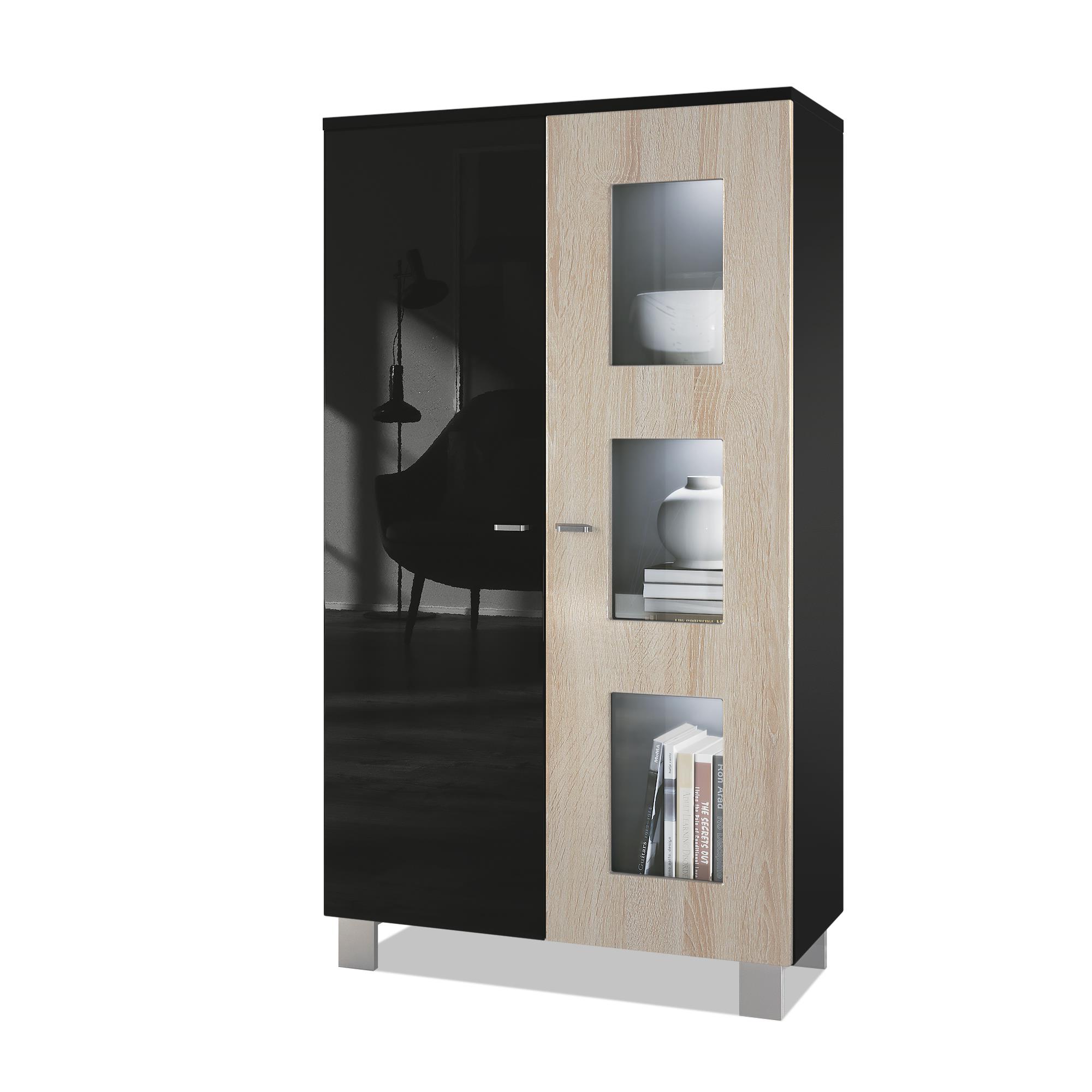 Vitrine Denjo  mit 2 Türen und 3 Glaseinsätzen Schwarz matt&glänzend/ Eiche Sägerau mit Beleuchtung (71x129x35 cm)