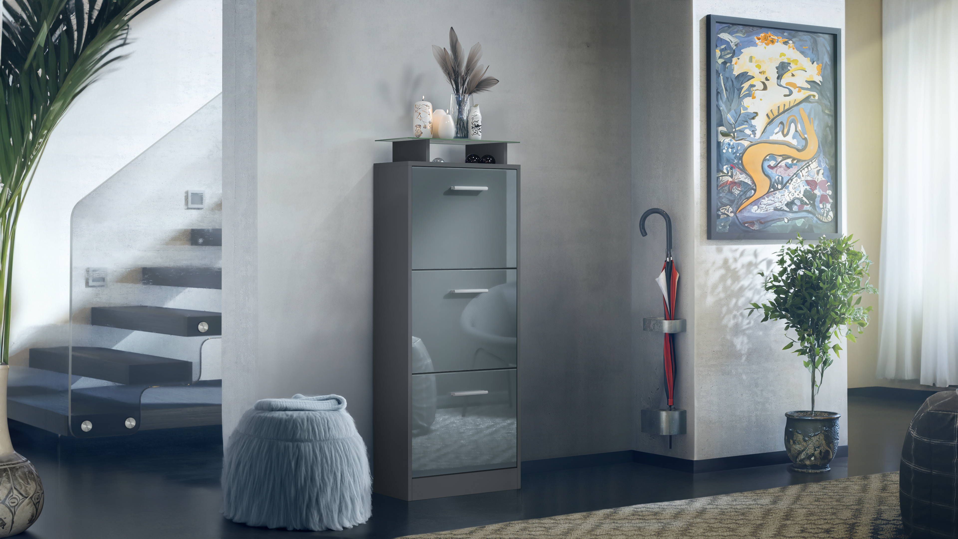 Schuhschrank Lavia V2 Anthrazit matt für 12 Paar Schuhe mit 3 Klappen und Glasablage Anthrazit matt/Grau Hochglanz (46 x 128 x 23 cm)