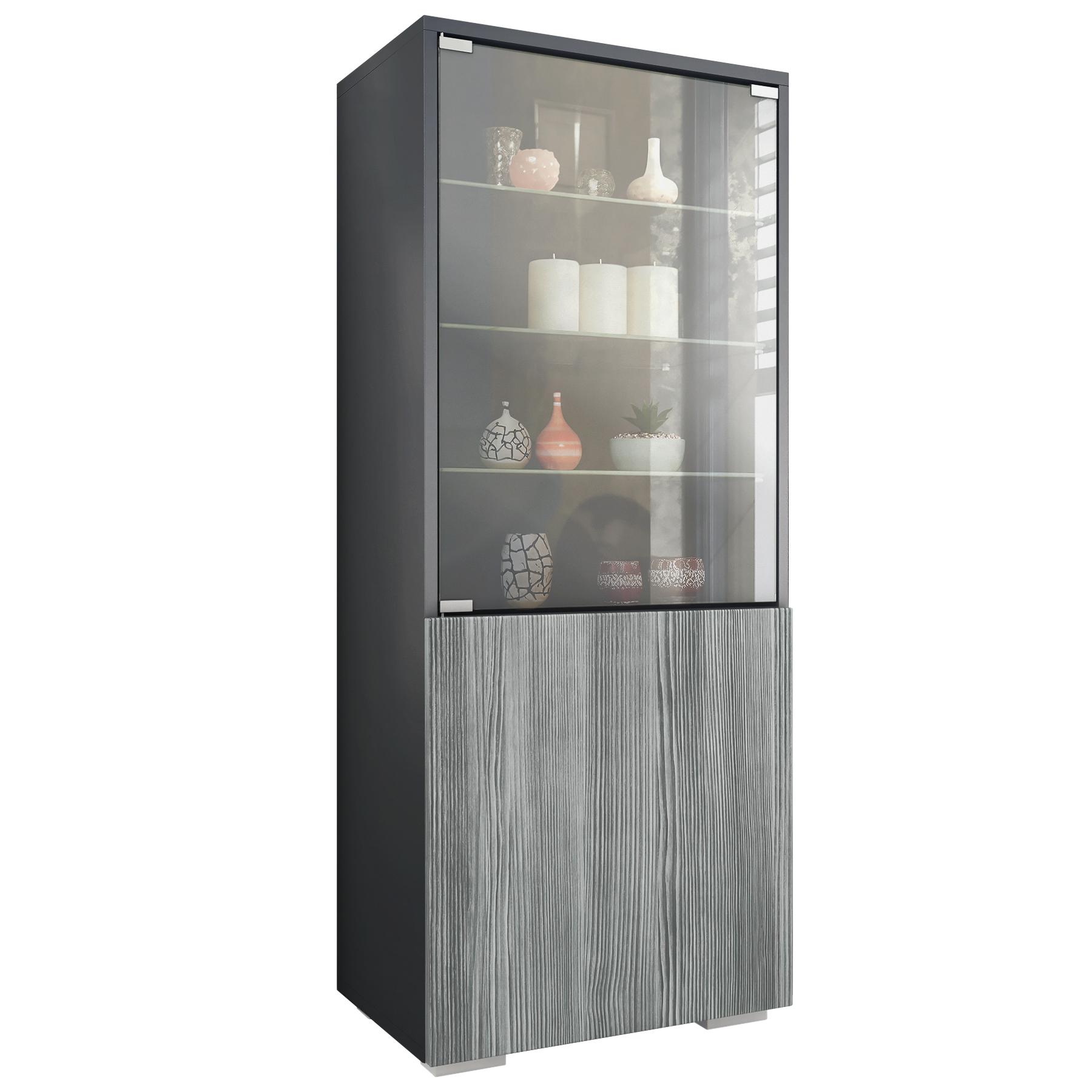 Granada Vitrine Anthrazit mit Glastür und Glaseinsatz Anthrazit matt/Avola- Anthrazit (50 x 122,5 x 34,5 cm) | Avola-Anthrazit