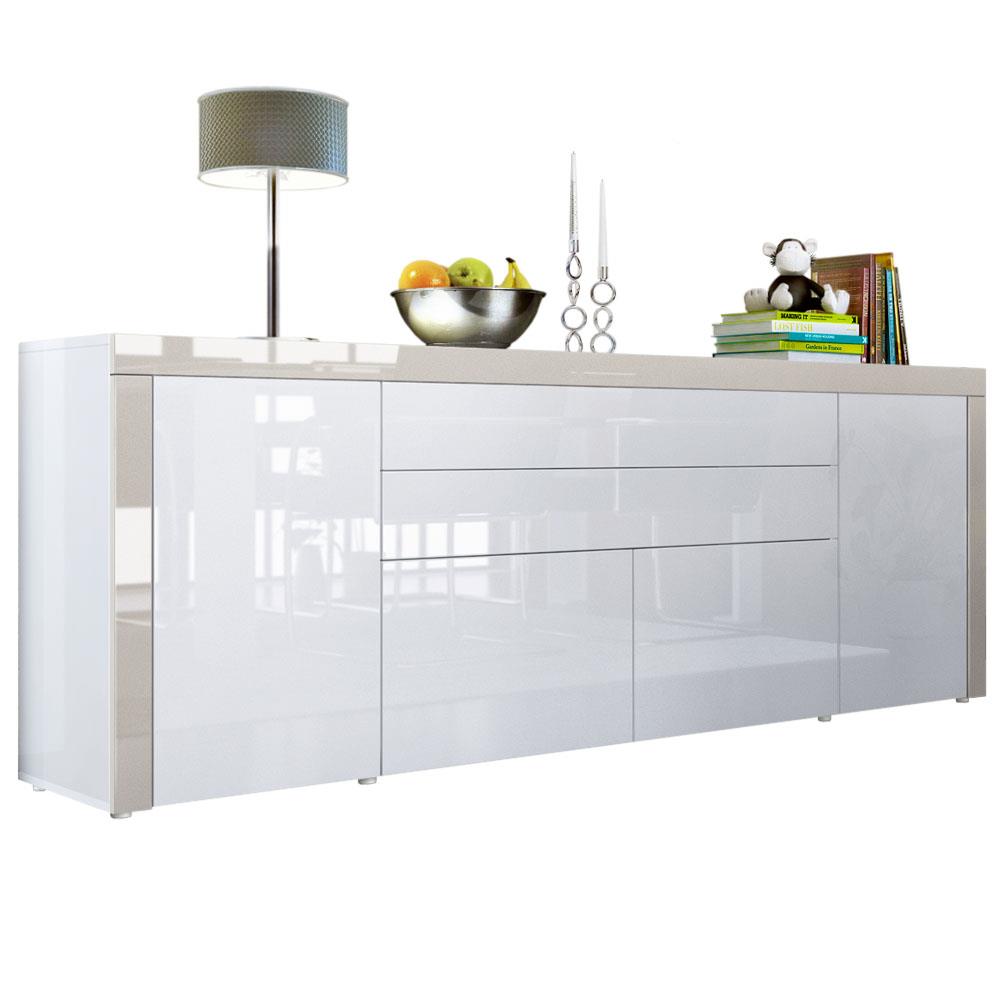 Sideboard La Paz V2 mit 2 Türen, 2 Schubkästen und 2 Klappen Weiß Hochglanz/Sandgrau Hochglanz (200 x 72 x 35 cm)