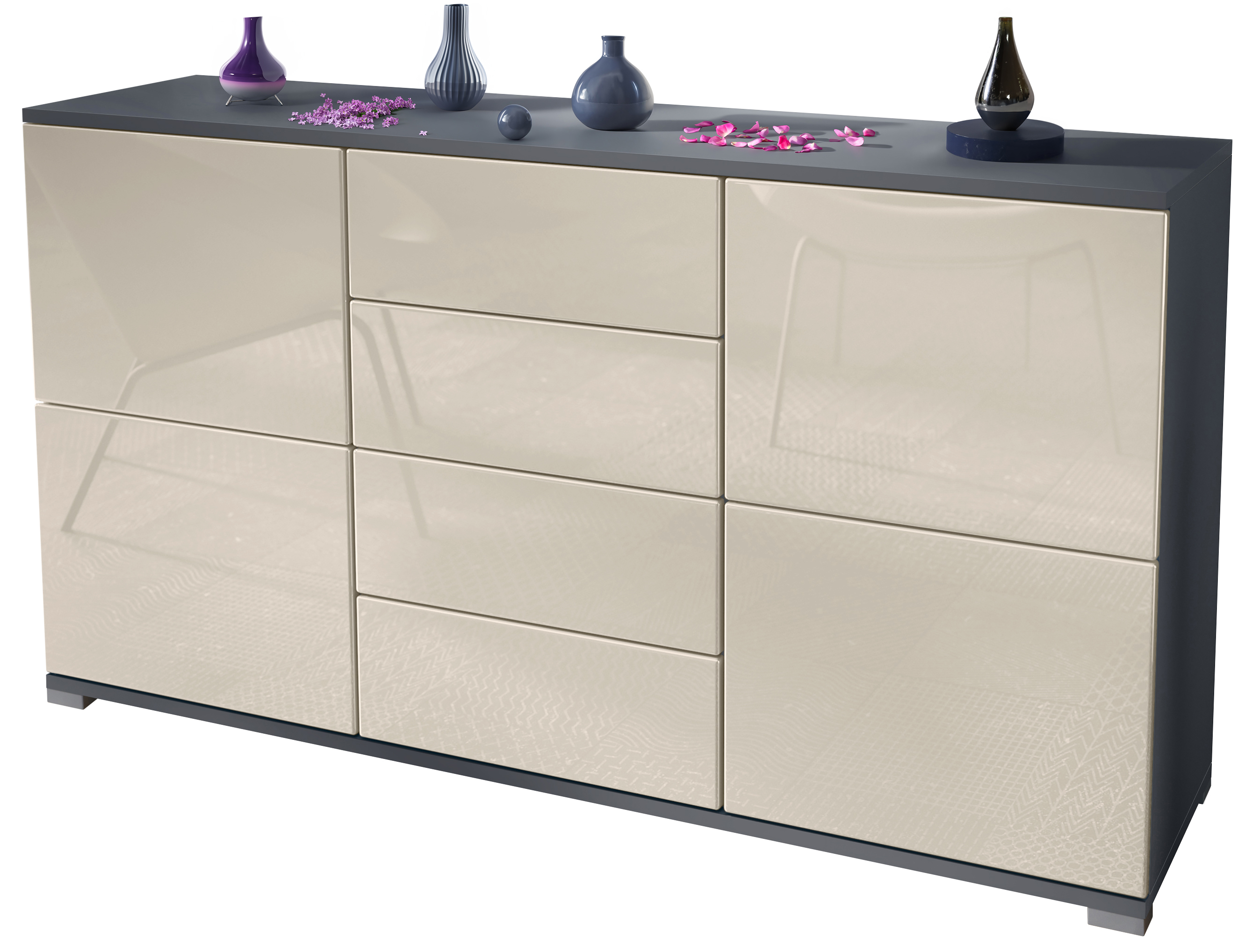 Sideboard Rova V1 4 Schubladen, Made in Germany, Anthrazit matt/Creme Hochglanz (138,5 x 75,5 x 35)