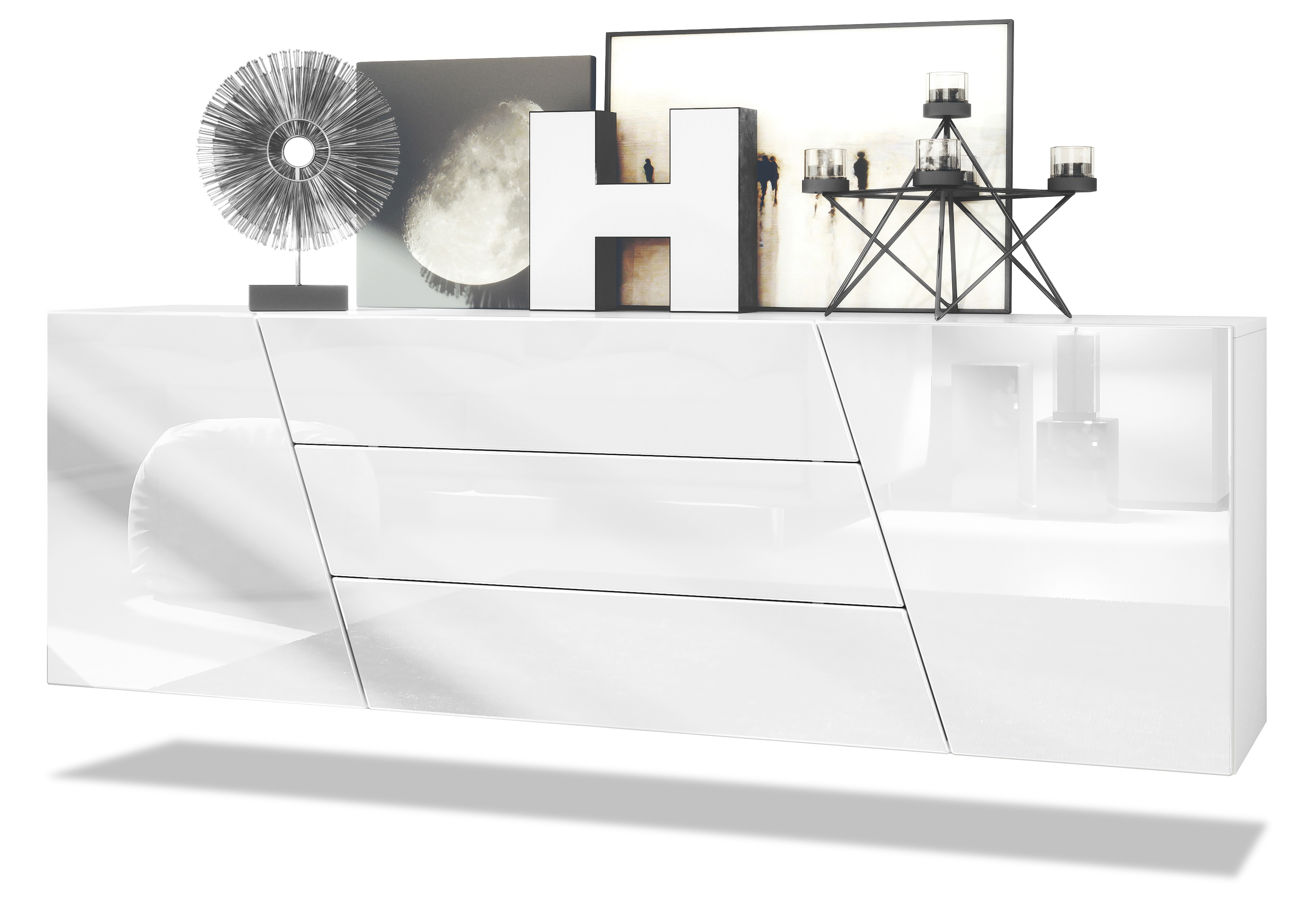 Houston Sideboard hängend mit 2 Türen und 3 Schubladen Weiß matt/Weiß Hochglanz (178 x 57,5 x 38,5 cm)