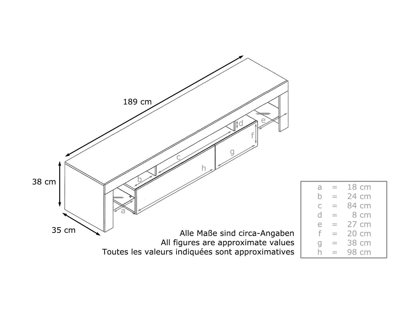 Lowboard Lima V2 mit 2 Klappen, 1 offenem Fach und 2 Glasablagen Weiß Hochglanz (189 x 38 x 35 cm)