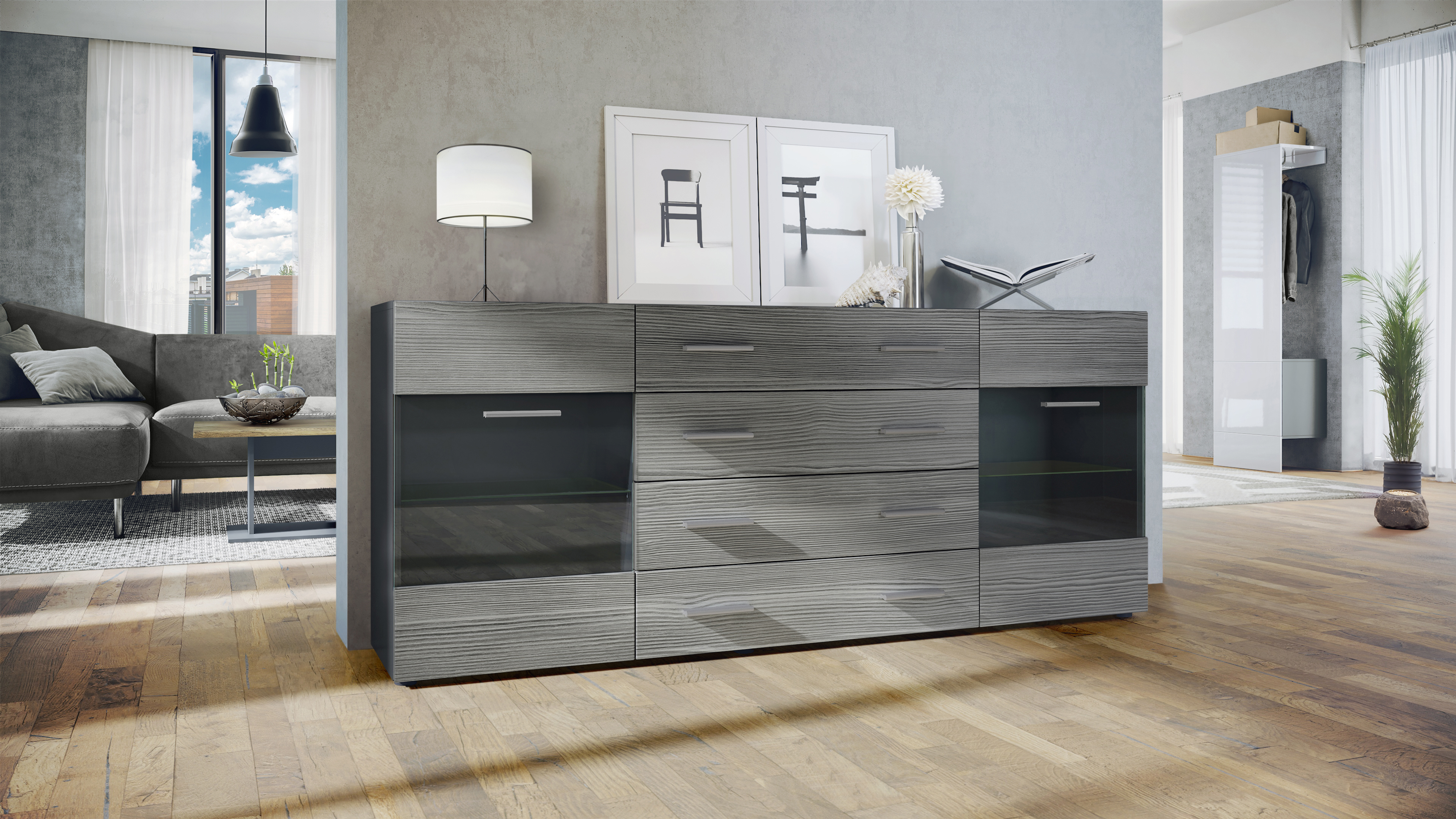 Sideboard Bari V2 4 Schubladen und 2 flexible Glaseinlegeböden Schwarz matt/Avola-Anthrazit (166 x 72 x 35)