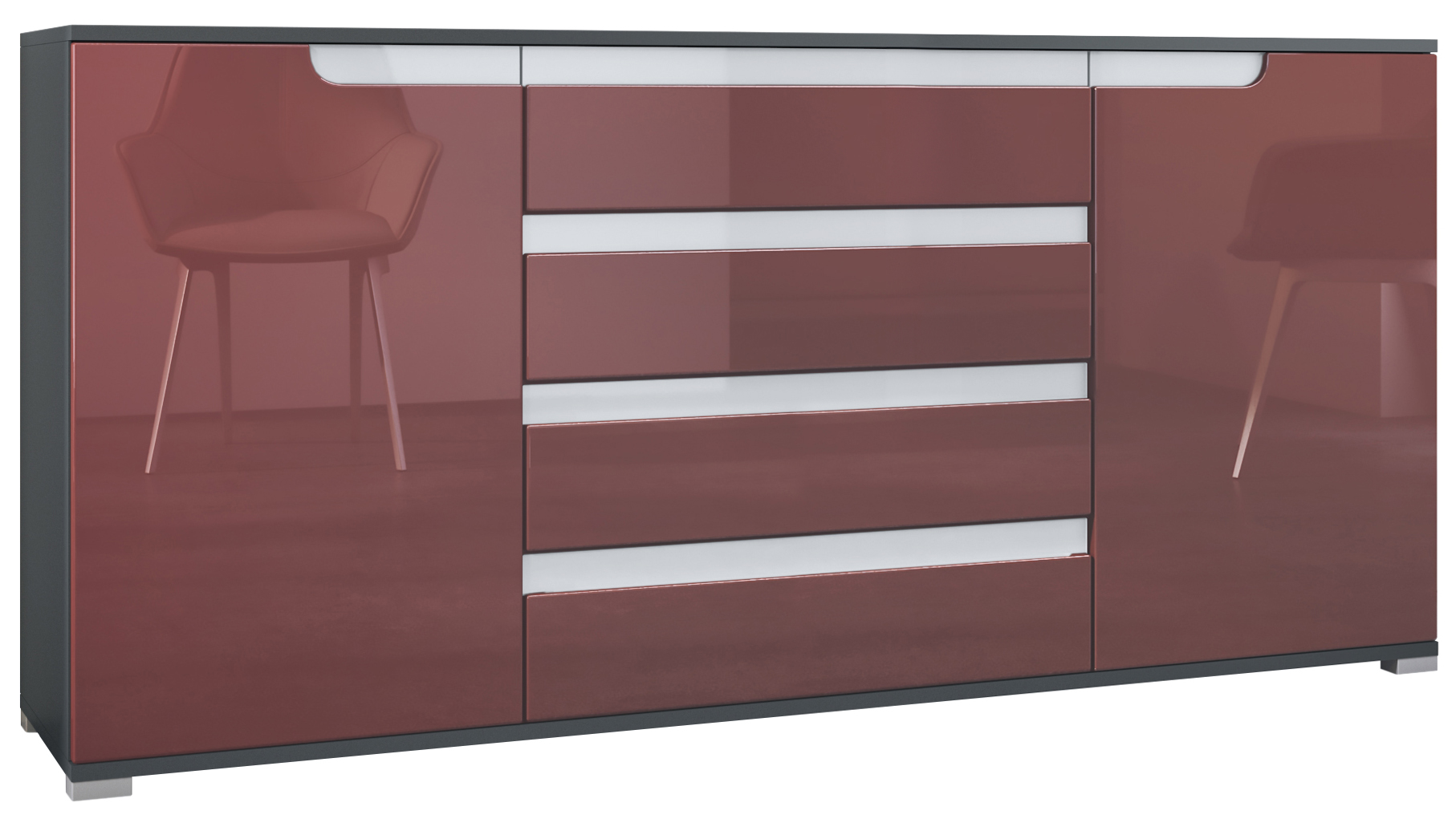 Sideboard Sylt V2 Anthrazit Korpus - Anthrazit matt / Front - Bordeaux Hochglanz / Absetzung - Weiß Hochglanz (166,5 x 75,5 x 35 cm)