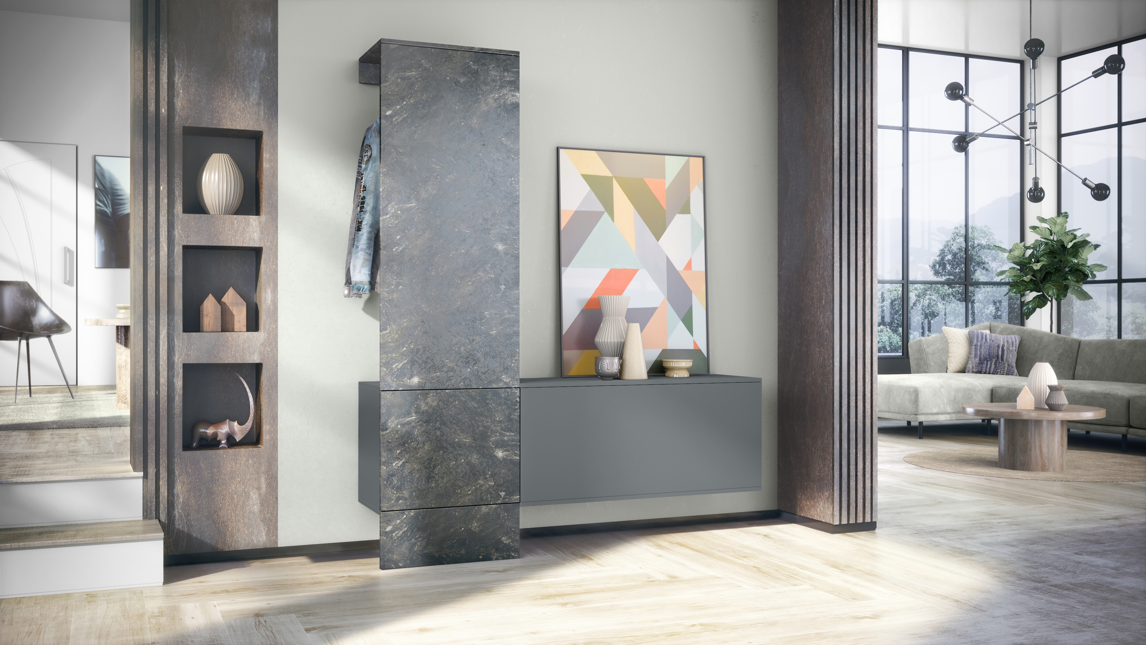Garderobe Carlton Set 4 Anthrazit 3-tlg. 1 Paneel und 1 Schrankmodul Anthrazit matt/Marmor Graphit (156,5 x 193 x 35 cm)