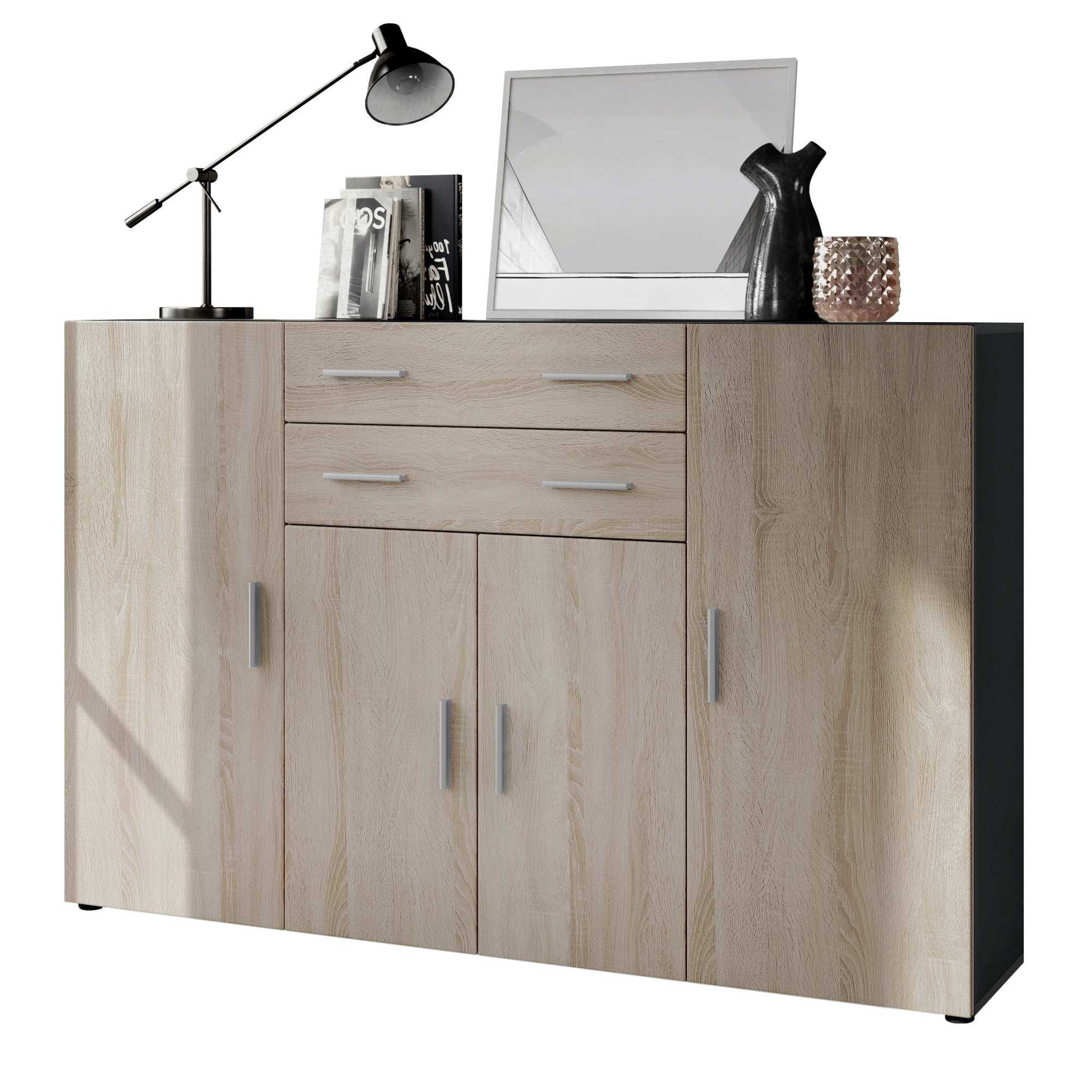 Highboard Aron  mit 4 Türen und 2 Schubladen Anthrazit matt/Eiche sägerau (166,5 x 106,5 x 35 cm)