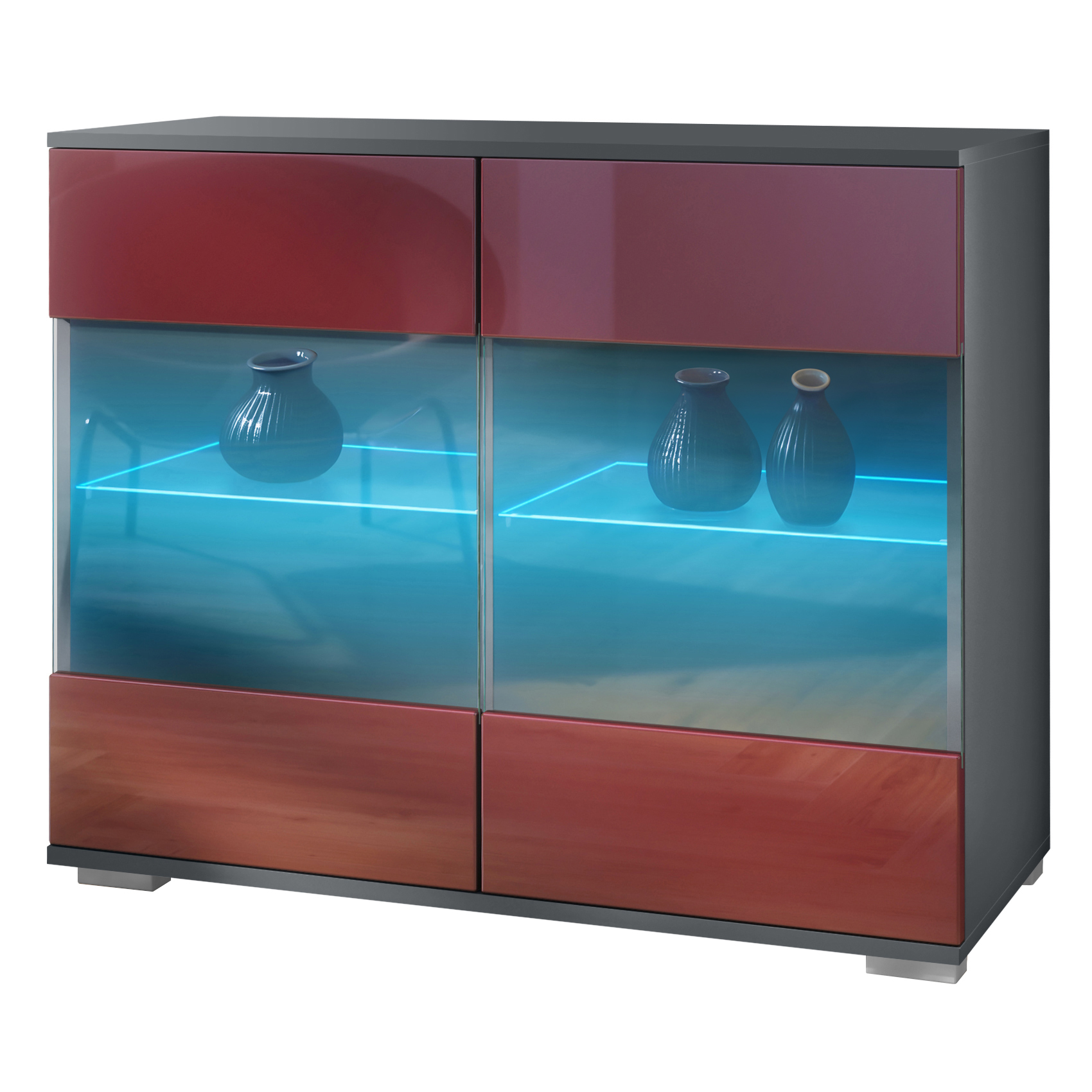 Bari V3 Kommode Anthrazit + LED mit 2 großen Glastüren inkl. RGB Beleuchtung Anthrazit matt / Bordeaux Hochglanz (92,5 x 75.5 x 35)