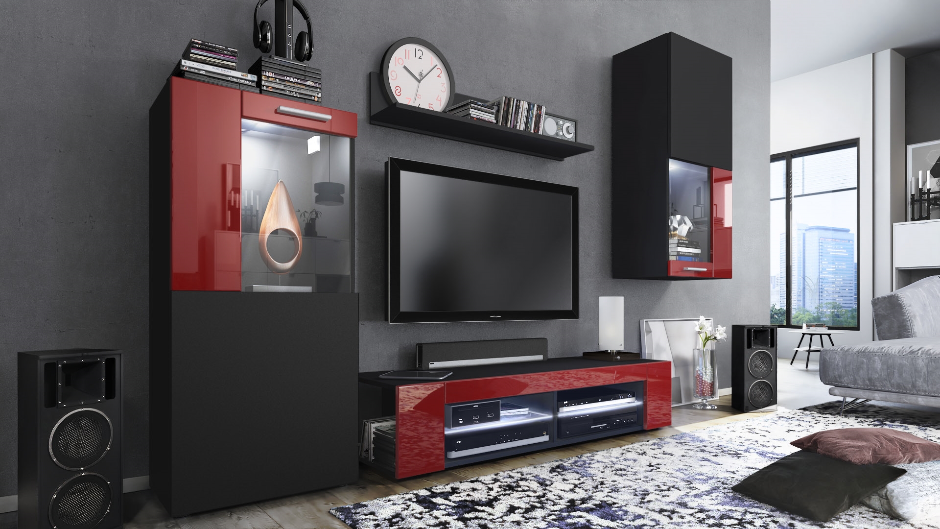 Wohnwand Movie 4-tlg. Schwarz mit LED  bestehend aus 1 TV-Board, 2 Vitrinen und 1 Regal Schwarz matt/Bordeaux glänzend mit Beleuchtung (300x190x39 cm)