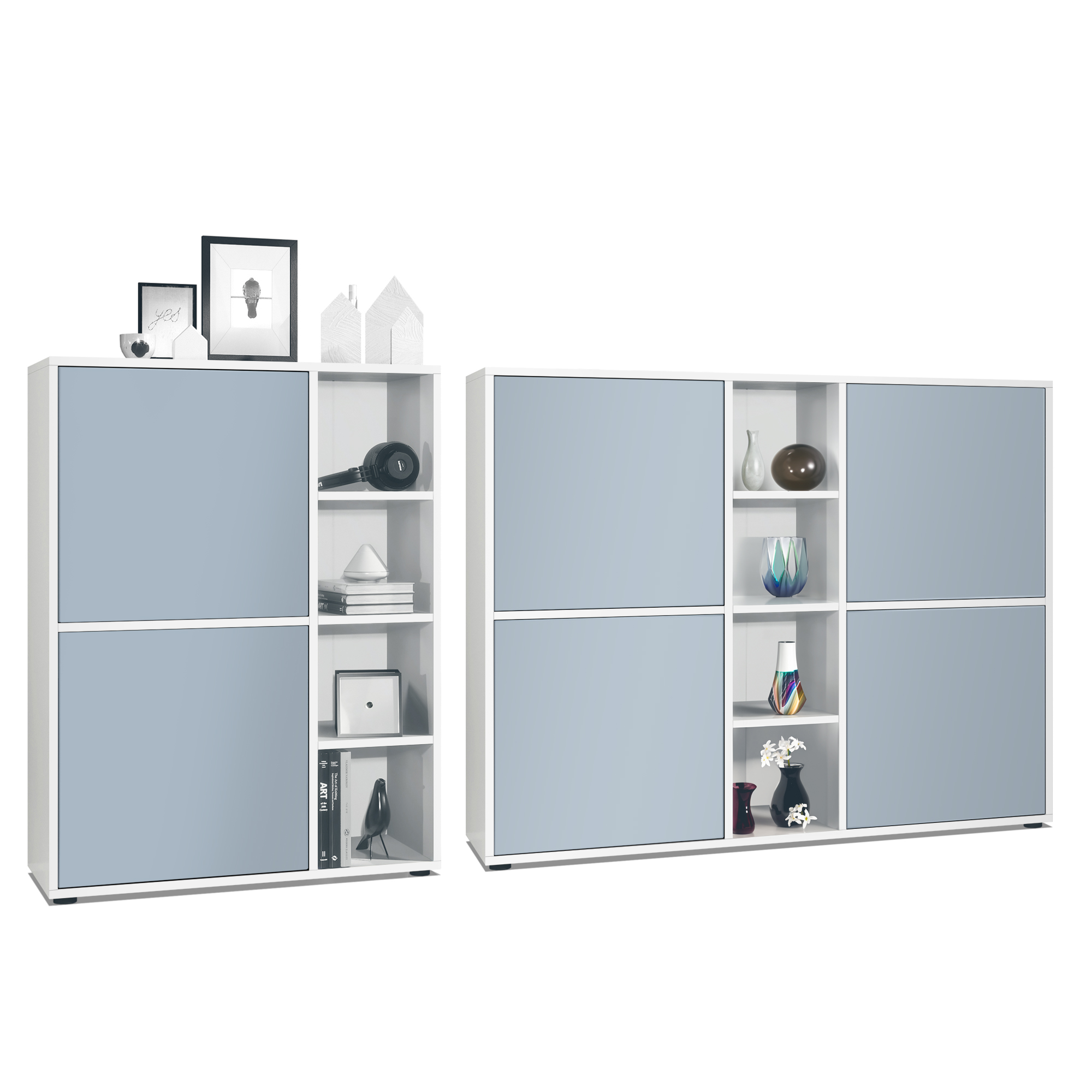 Wohnraum Set Miami bestehend aus 2 Highboards Weiß matt / Denim matt