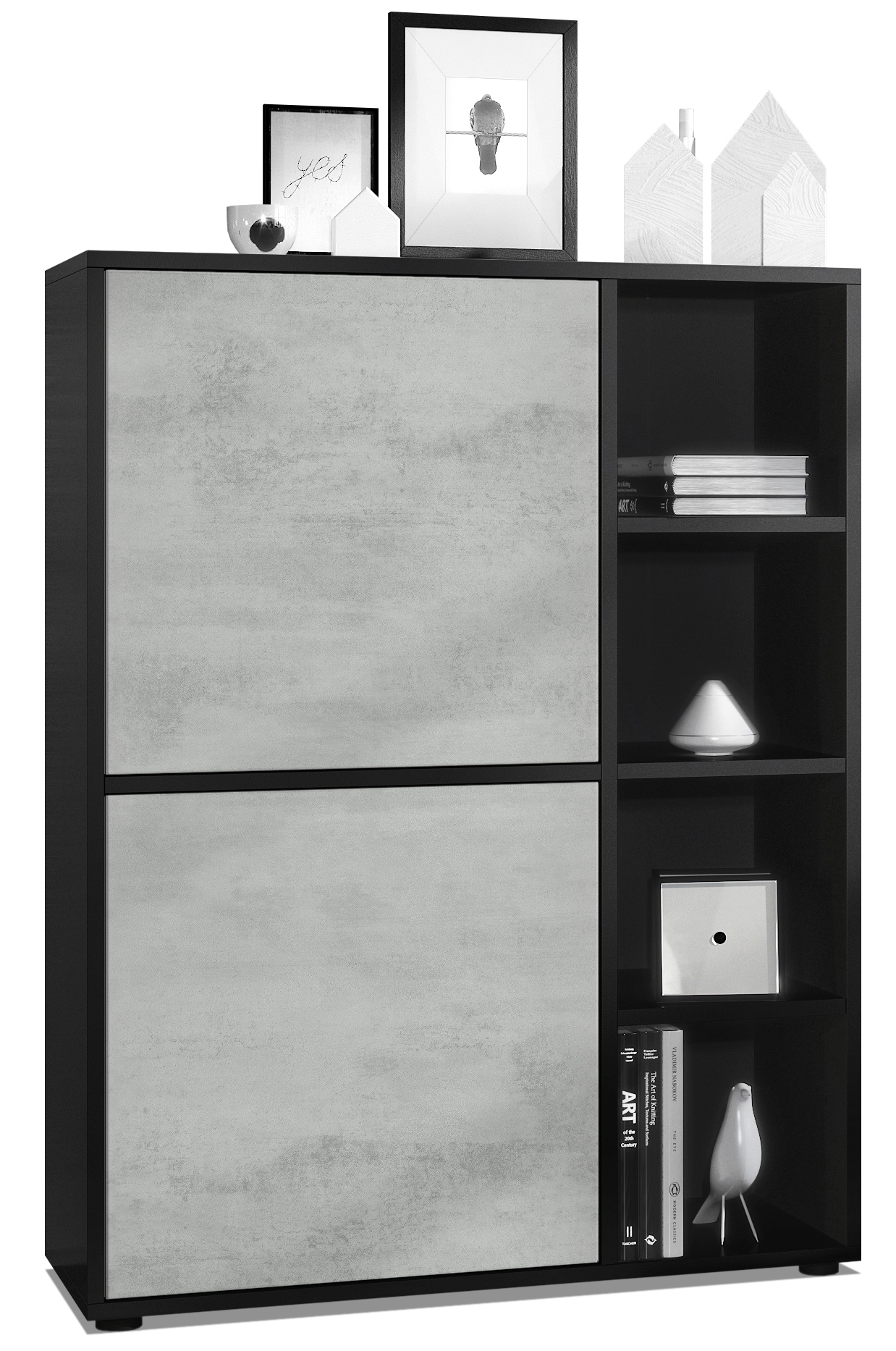 Highboard Cuba  mit 2 Türen und 4 offene Fächer Schwarz matt/Beton Oxid Optik (79 x 105,5 x 35,5 cm)