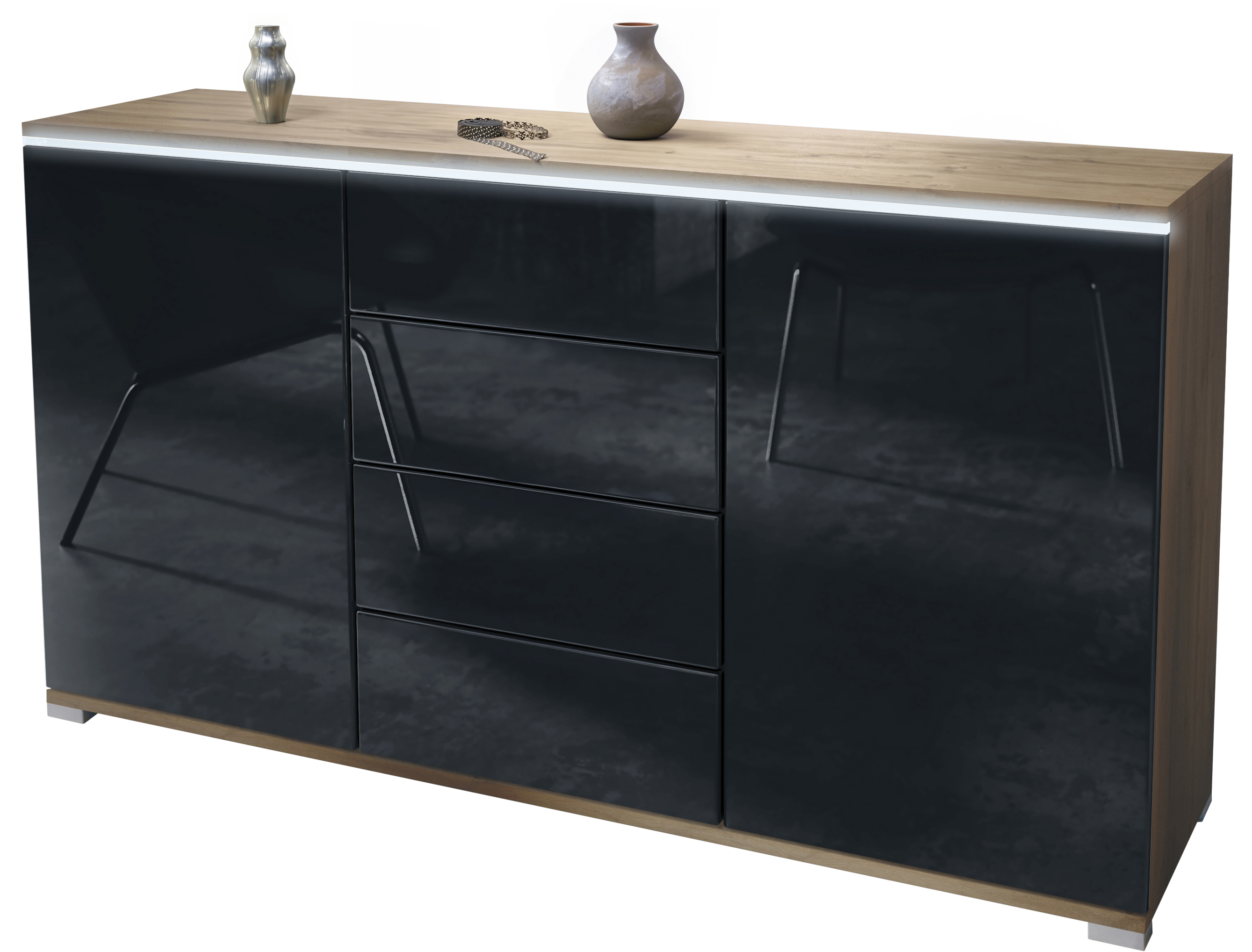 Sideboard Faro V1 Eiche Evoke Schrank mit LED Lichtleiste Eiche Evoke / Schwarz Hochglanz (138,5 x 75,5 x 35)