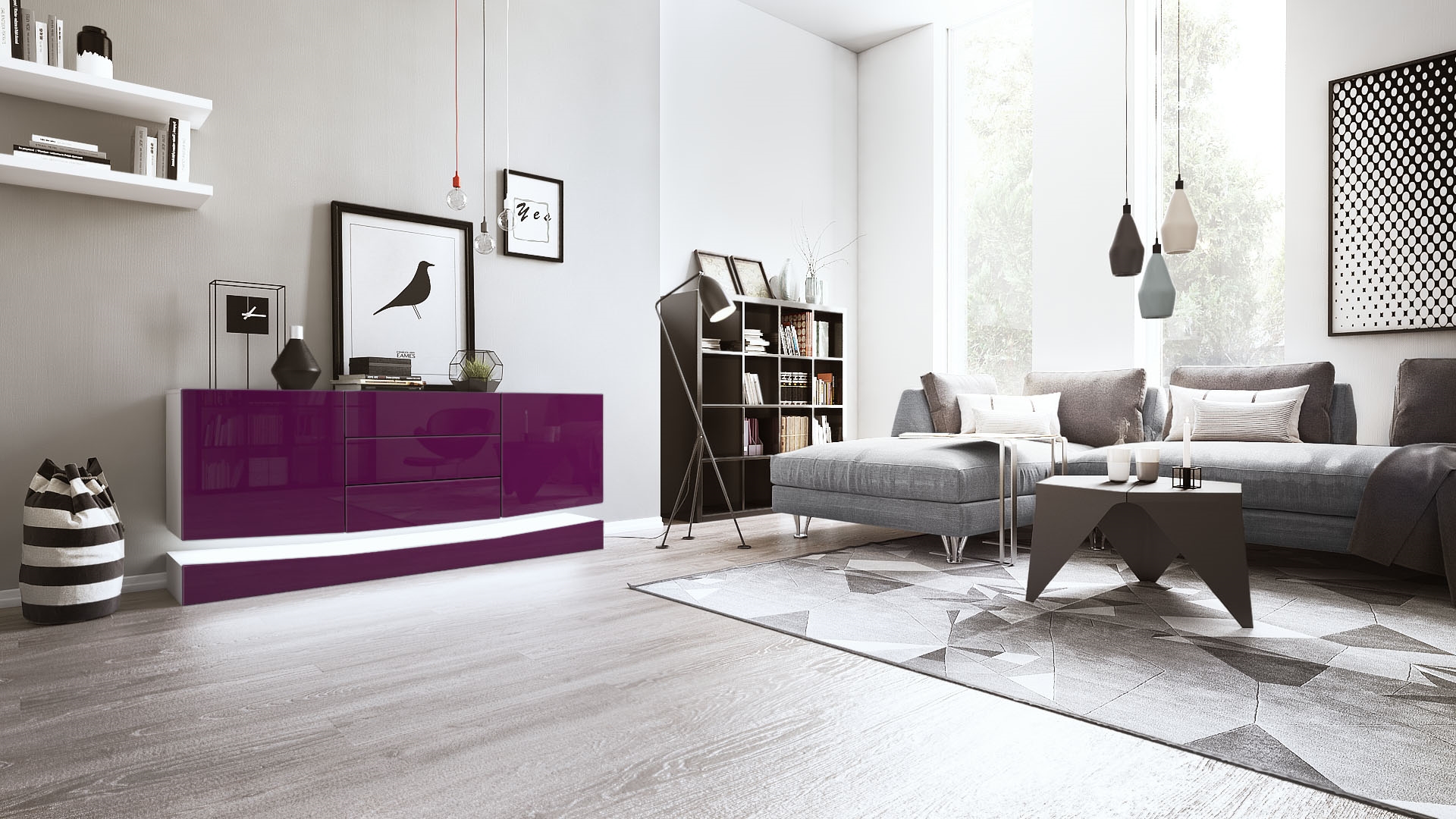 Sideboard City und 3 Schubladen inkl. LED-Beleuchtung,  Weiß matt/Brombeer Hochglanz (178 x 72 x 38 cm)