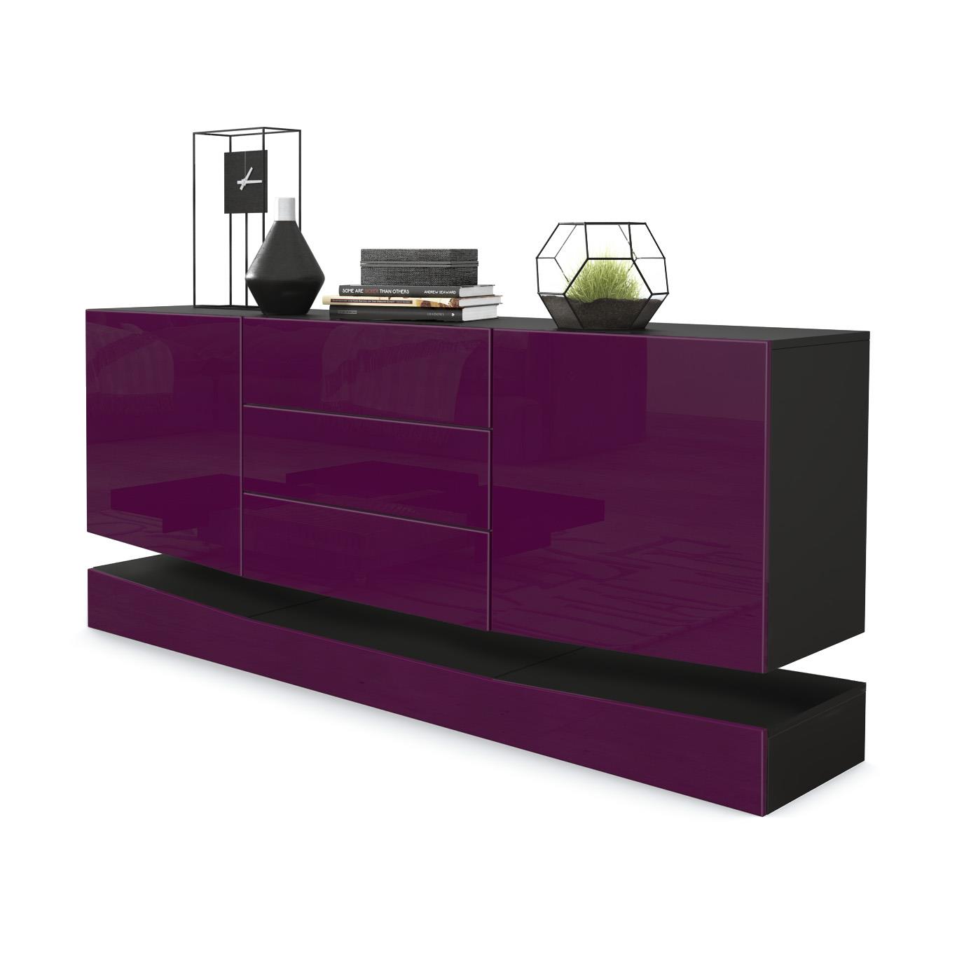 Sideboard City  mit 2 Türen und 3 Schubladen Schwarz matt/Brombeer Hochglanz (178 x 72 x 38 cm)