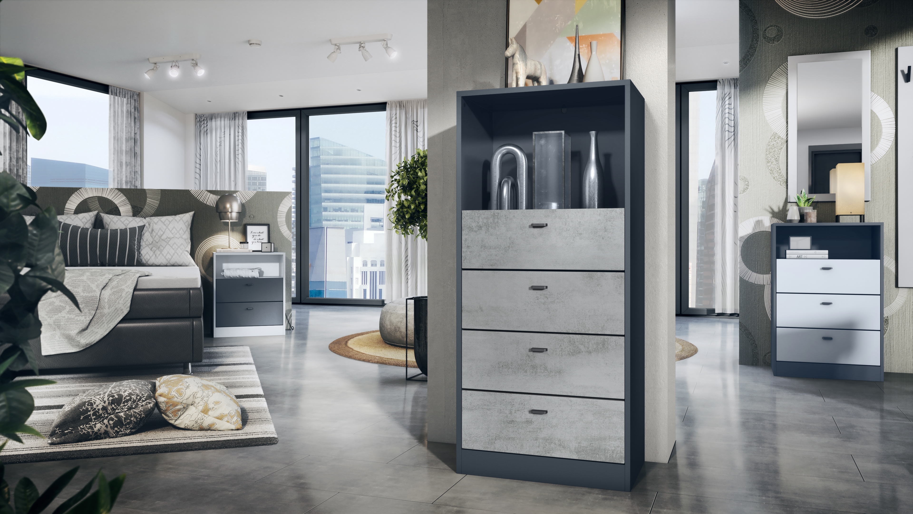Pino V3 Kommode  mit 4 Schubladen & 1 offenem Fach,  Anthrazit matt/Beton Oxid Optik (56 x 125 x 36 cm)