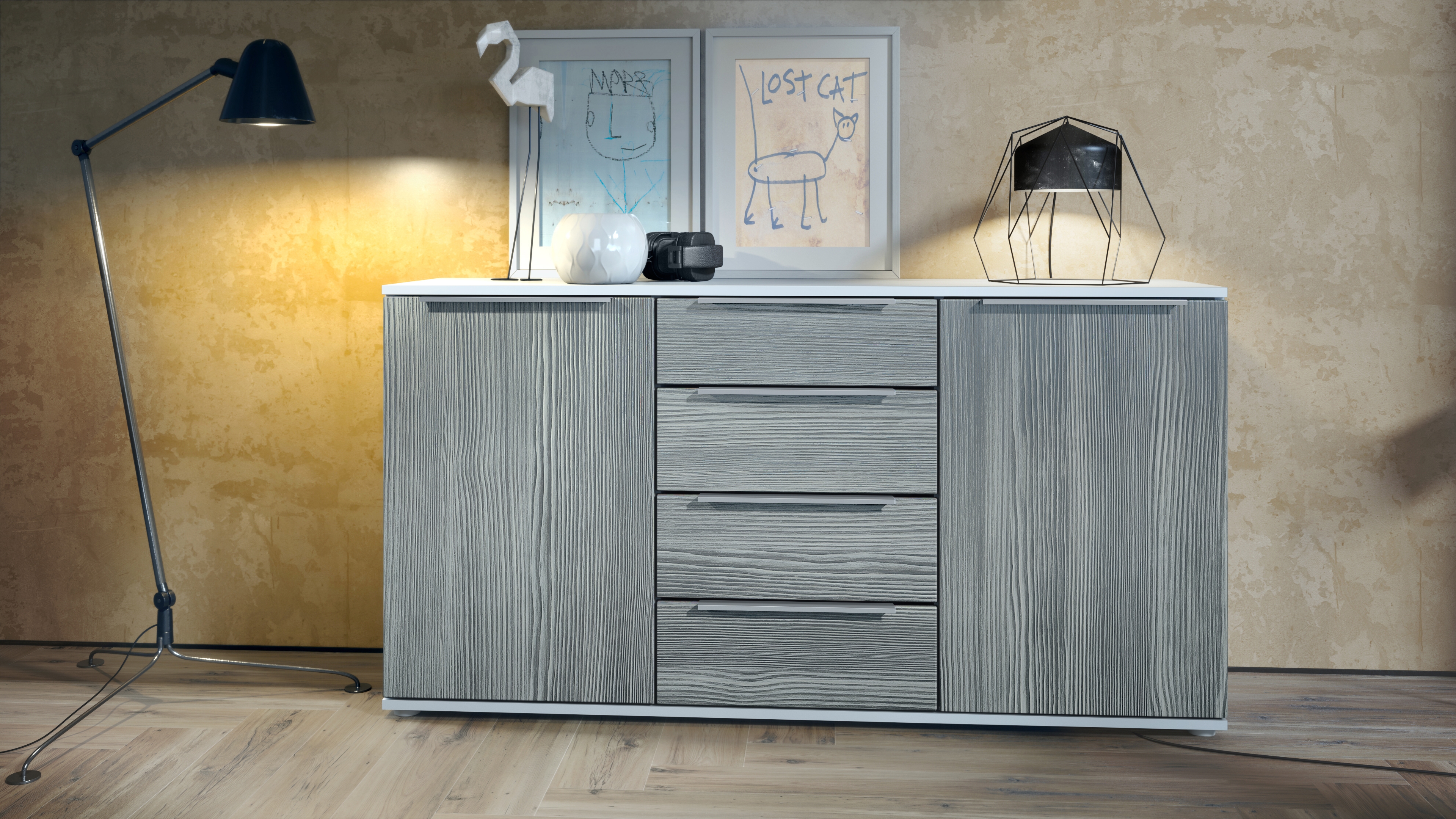 Linio V1 Sideboard  mit 2 Türen und 4 Schubladen Weiß matt/Avola-Anthrazit (139 x 72,5 x 35 cm)