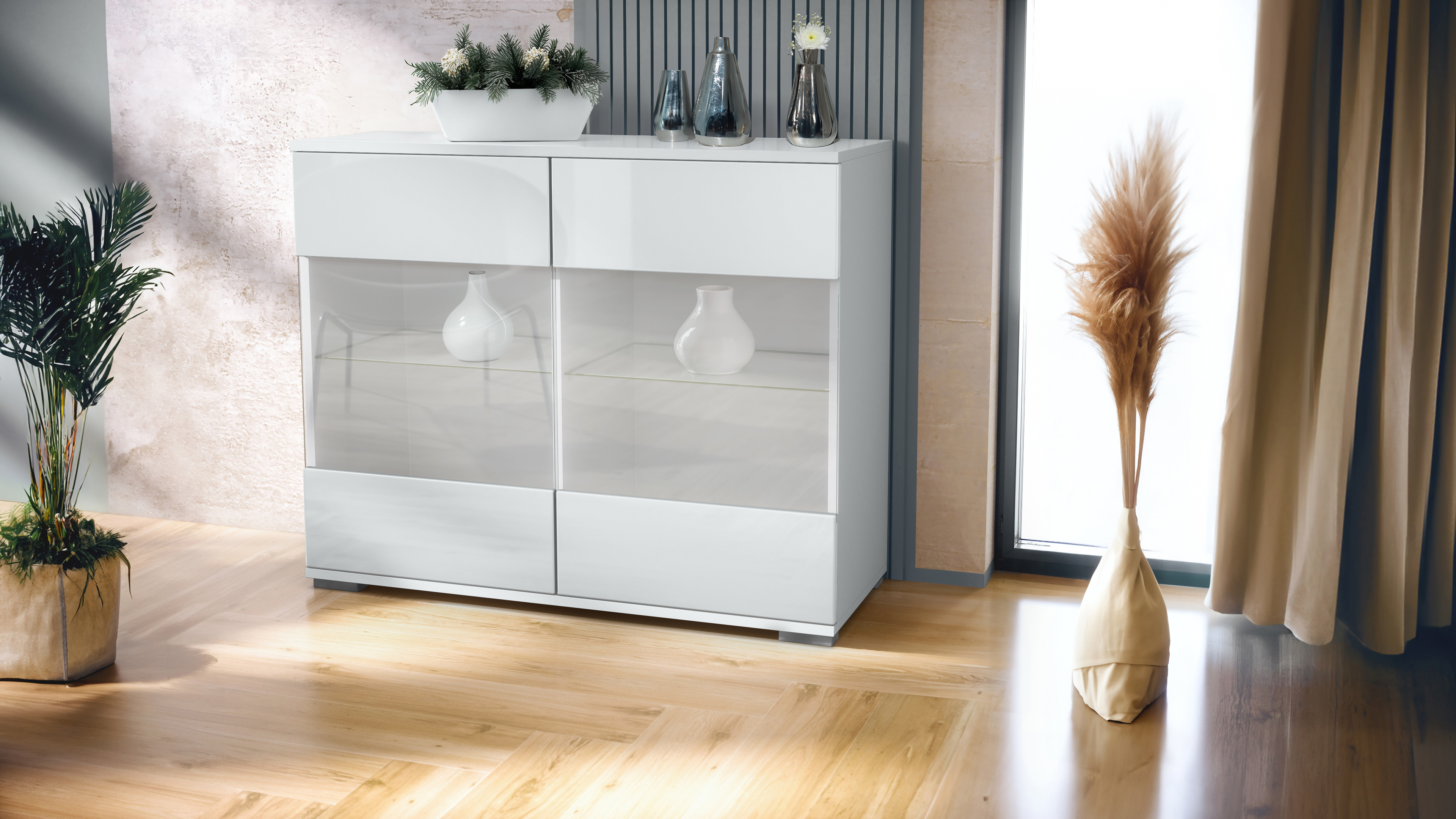 Bari V3 Kommode Weiß mit 2 großen Glastüren Weiß matt / Weiß Hochglanz (92,5 x 75.5 x 35)