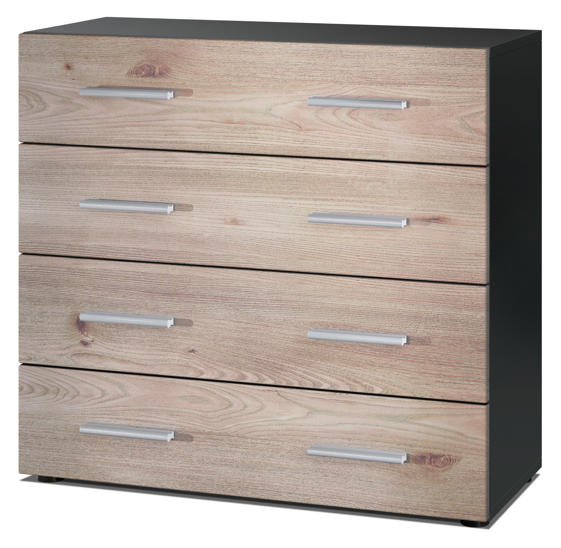 Kommode Pavos V1 ​mit 4 Schubladen Schwarz matt/Eiche Nordic (76 x 72 x 35 cm)