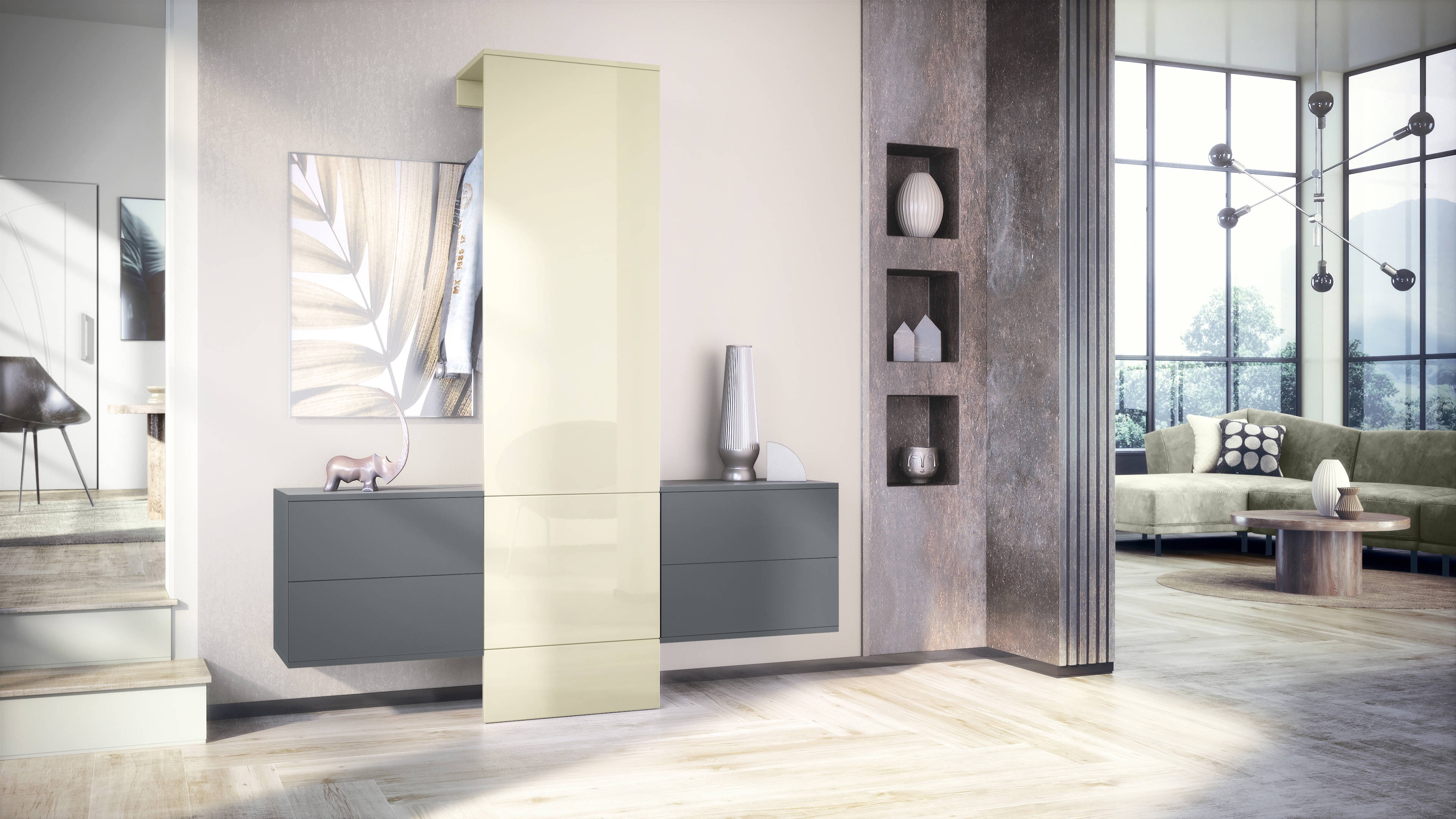 Garderobe Carlton Set 3 Anthrazit 4-tlg. 1 Paneel und 2 Schubkastenschränke Anthrazit matt/Creme Hochglanz (157 x 193 x 35 cm)