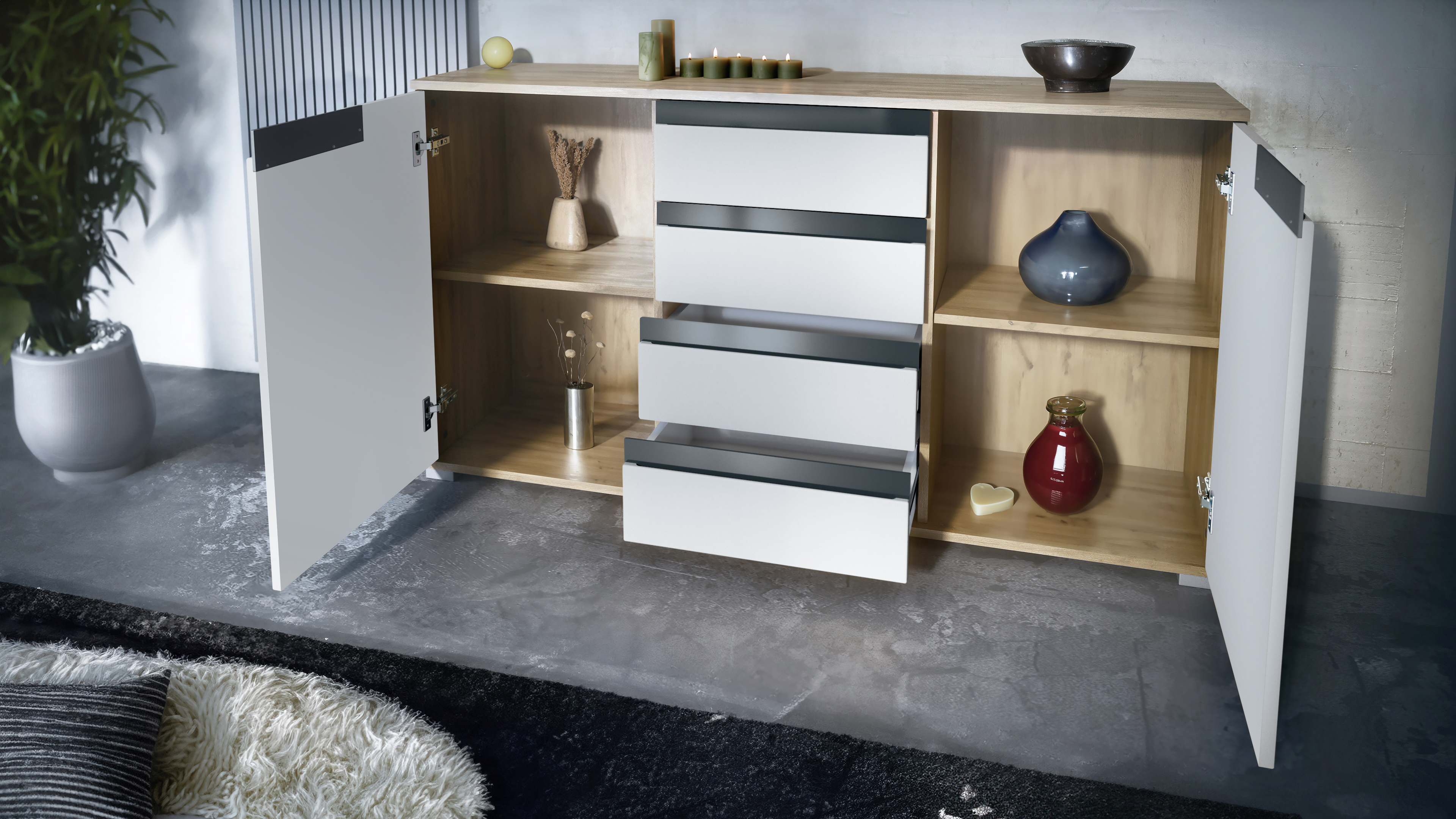 Sideboard Sylt V1 Eiche Evoke Korpus - Eiche Evoke / Front - Sandgrau Hochglanz Absetzung - Anthrazit matt (138,5 x 75,5 x 35 cm)