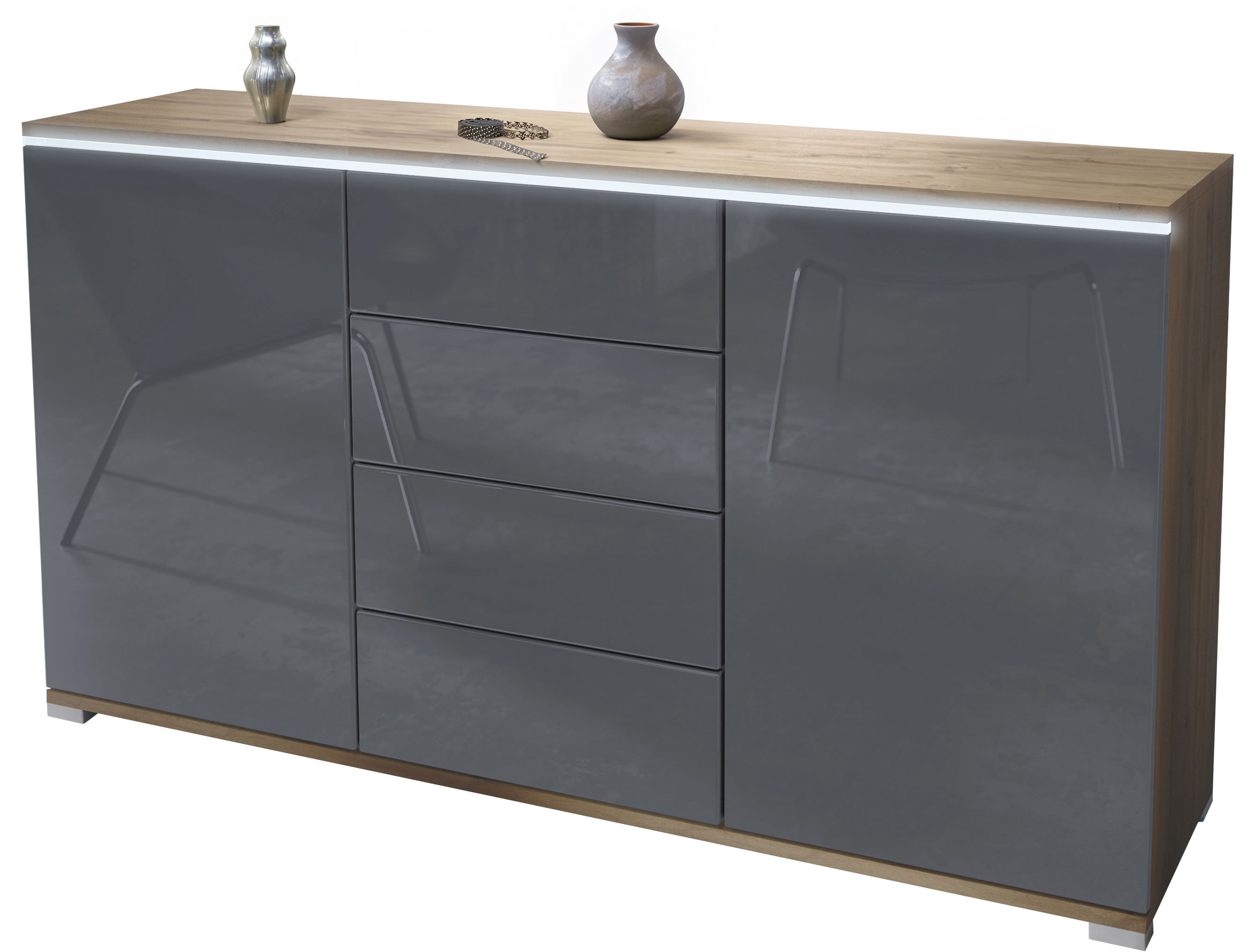 Sideboard Faro V1 Eiche Evoke Schrank mit LED Lichtleiste Eiche Evoke / Grau Hochglanz (138,5 x 75,5 x 35)