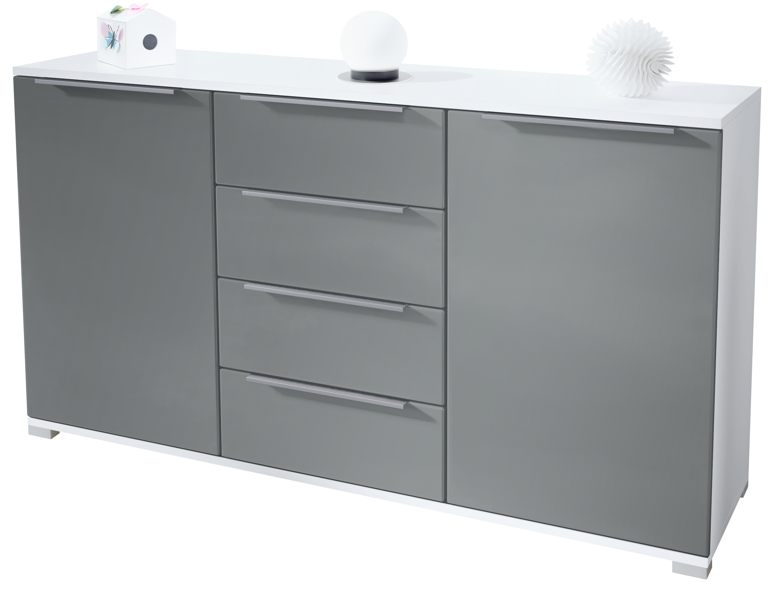 Linio V1 Sideboard Weiß mit 2 Türen und 4 Schubladen Weiß matt/Graphit Seidenmatt (138,5 x 75,5 x 35 cm)