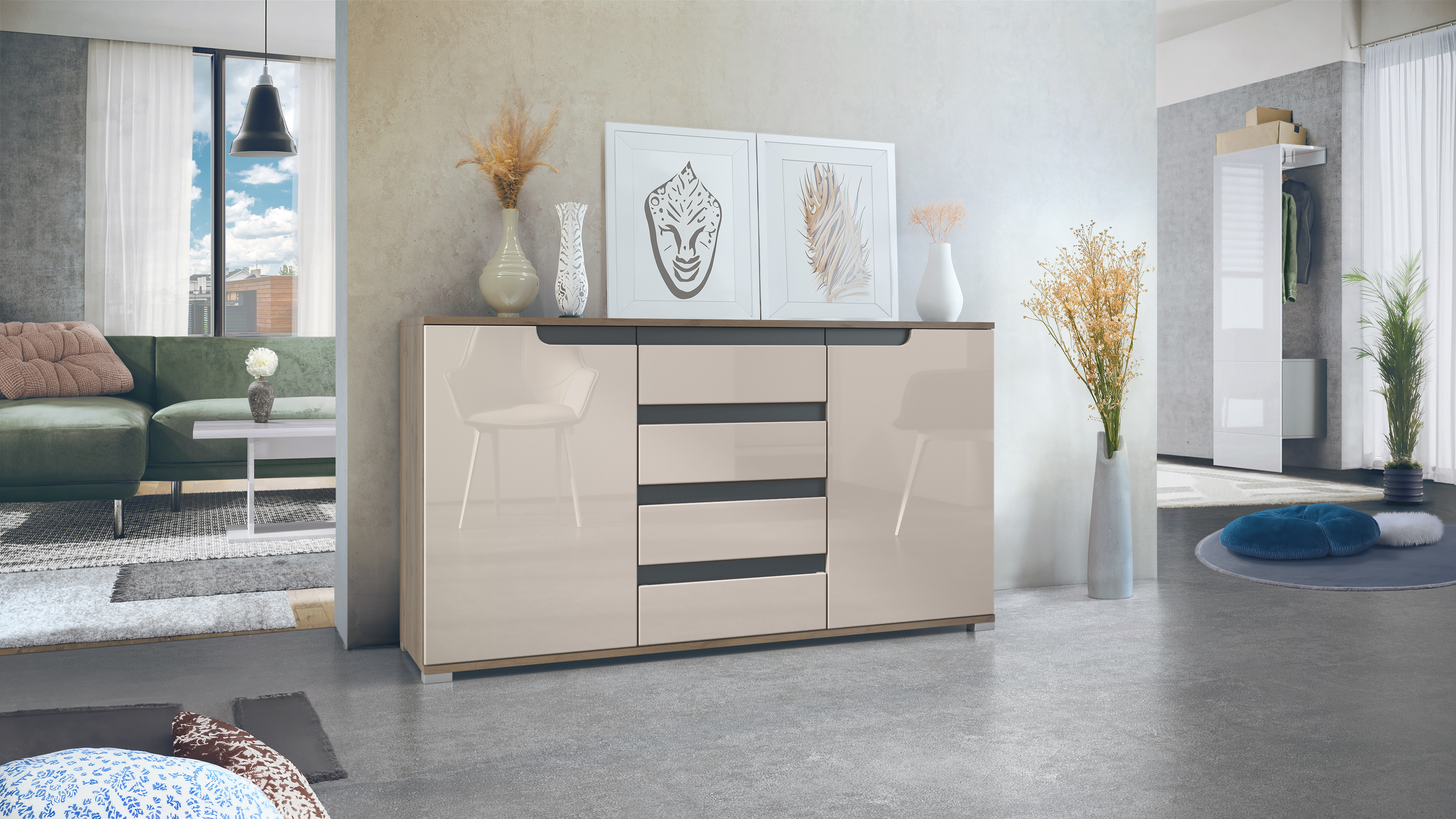 Sideboard Sylt V1 Eiche Evoke Korpus - Eiche Evoke / Front - Sandgrau Hochglanz Absetzung - Anthrazit matt (138,5 x 75,5 x 35 cm)