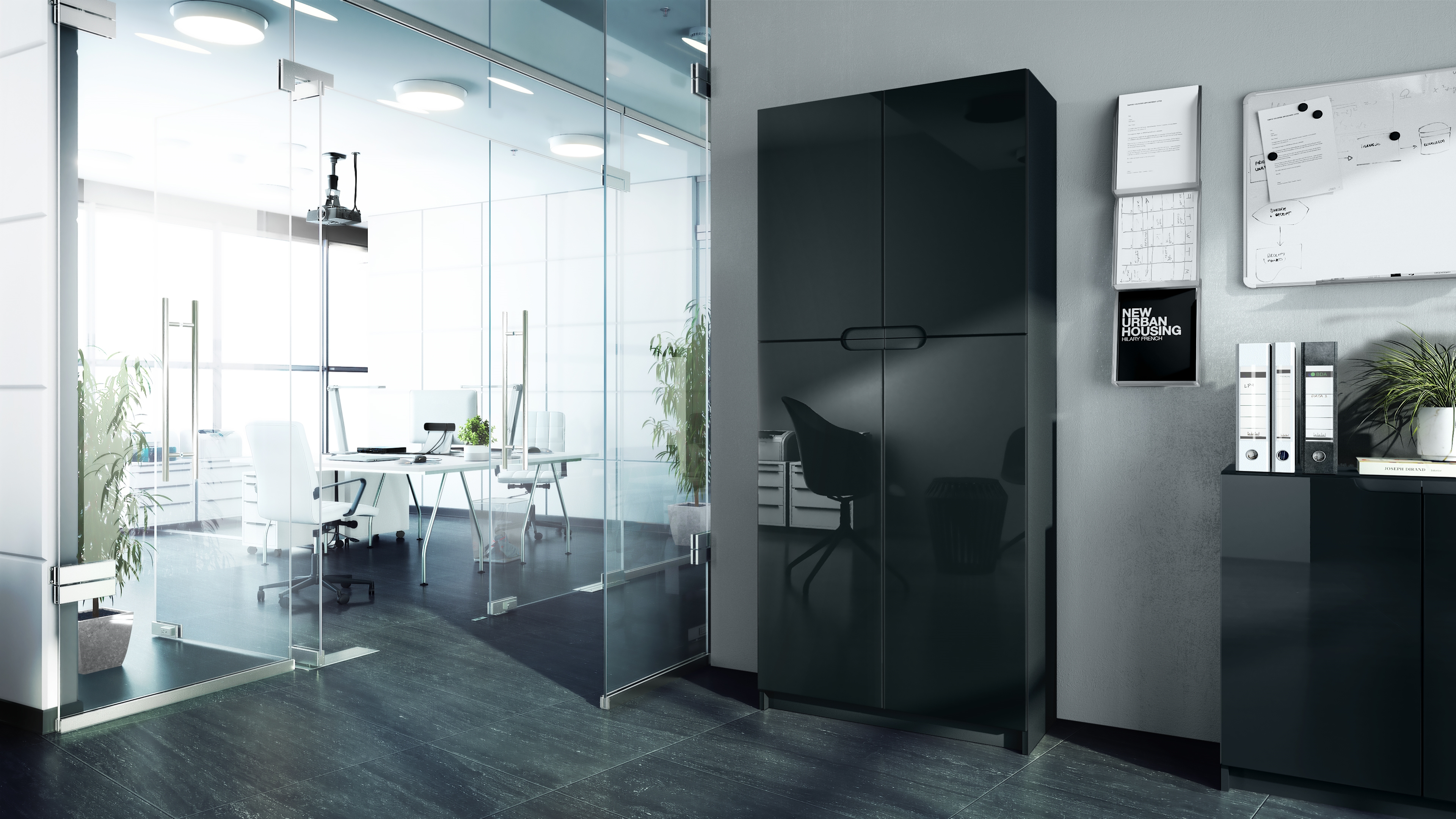Büroschrank Logan V1 mit 5 Fächern und 4 Türen Schwarz matt/Schwarz Hochglanz (82 x 185 x 37 cm)