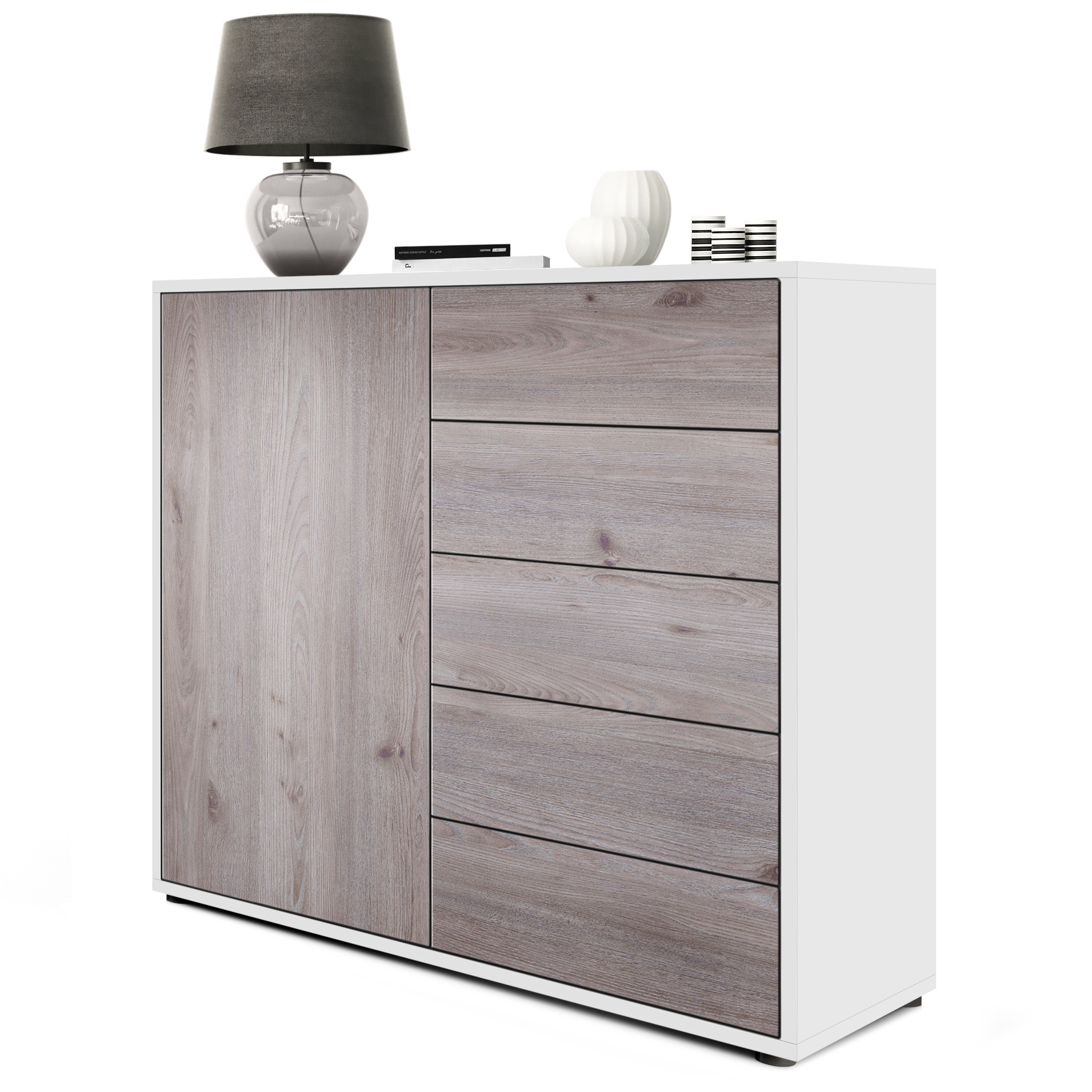 Kommode Ben V2  mit 1 Tür und 5 Schubladen Weiß matt/Eiche Nordic (79 x 74 x 36 cm) Kommode Ben V2  mit 1 Tür und 5 Schubladen Weiß matt/Eiche Nordic (79 x 74 x 36 cm)