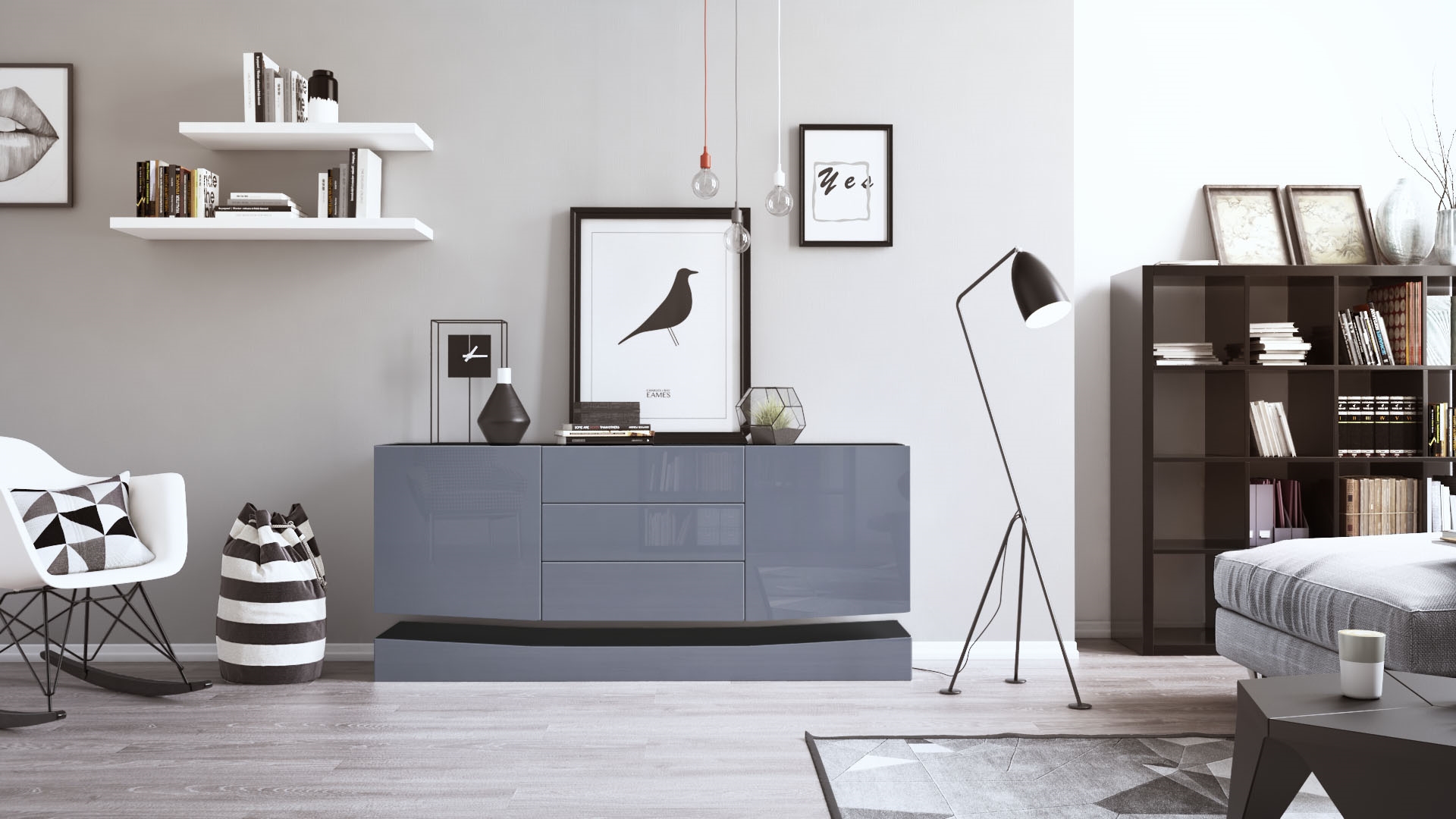 Sideboard City  mit 2 Türen und 3 Schubladen Schwarz matt/Grau Hochglanz (178 x 72 x 38 cm)