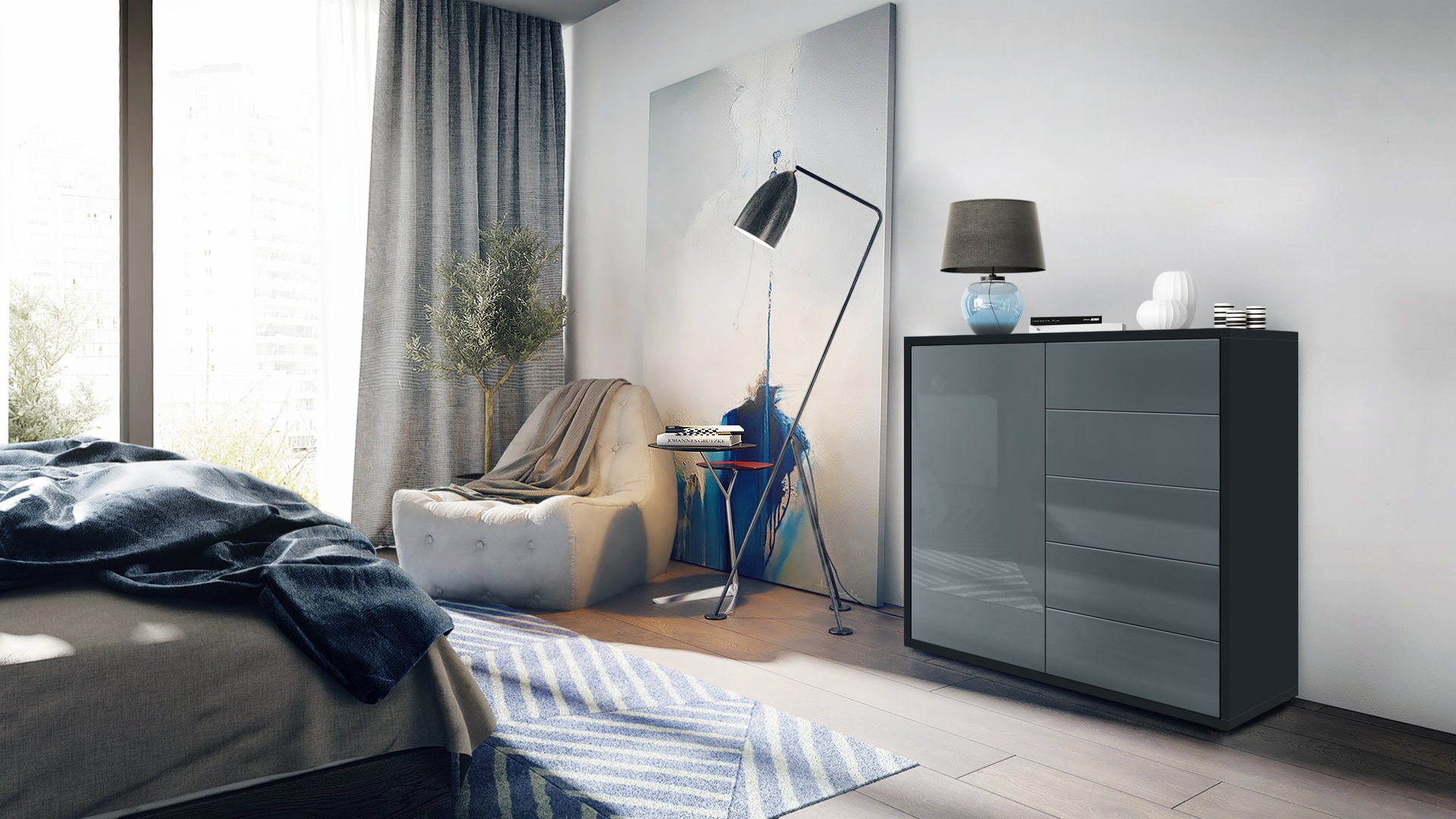 Kommode Ben V2  mit 1 Tür und 5 Schubladen Schwarz matt/Grau Hochglanz (79 x 74 x 36 cm)